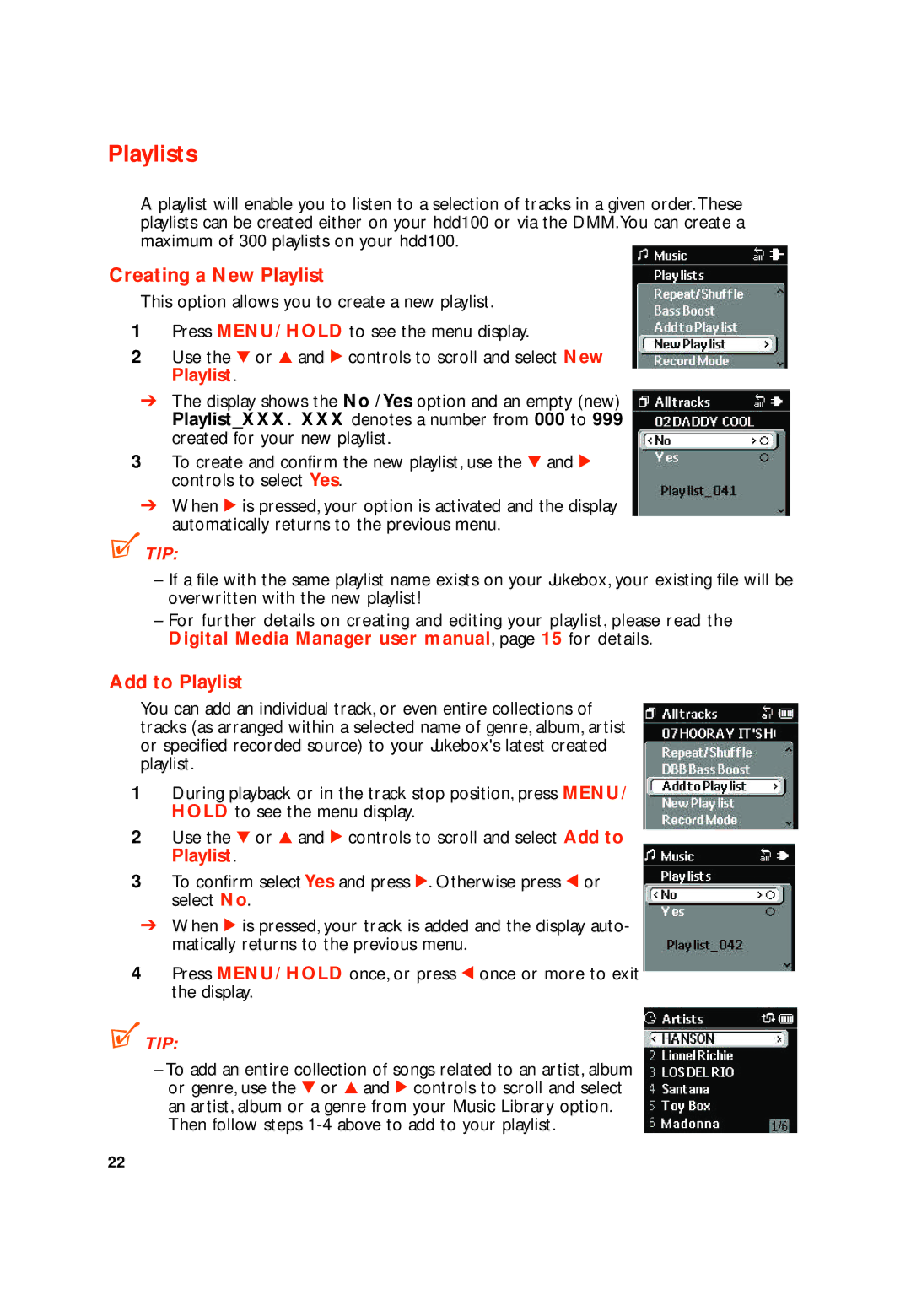 Philips HDD100 user manual Playlists, Creating a New Playlist, Add to Playlist 