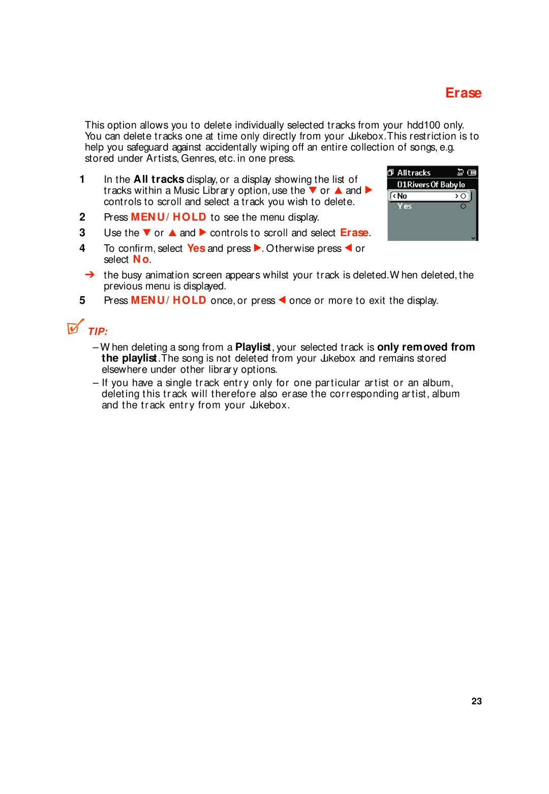 Philips HDD100 user manual Erase 