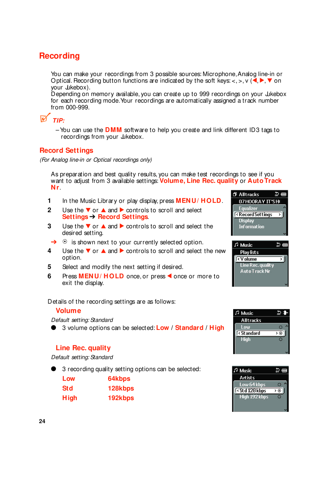 Philips HDD100 user manual Recording, Record Settings, Volume, Line Rec. quality, Low 64kbps Std 128kbps High 192kbps 