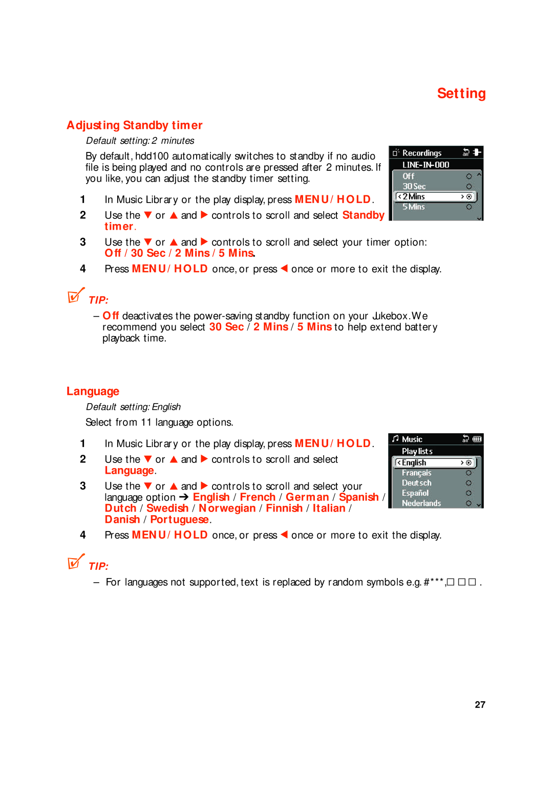 Philips HDD100 user manual Setting, Adjusting Standby timer, Language, Off / 30 Sec / 2 Mins / 5 Mins 