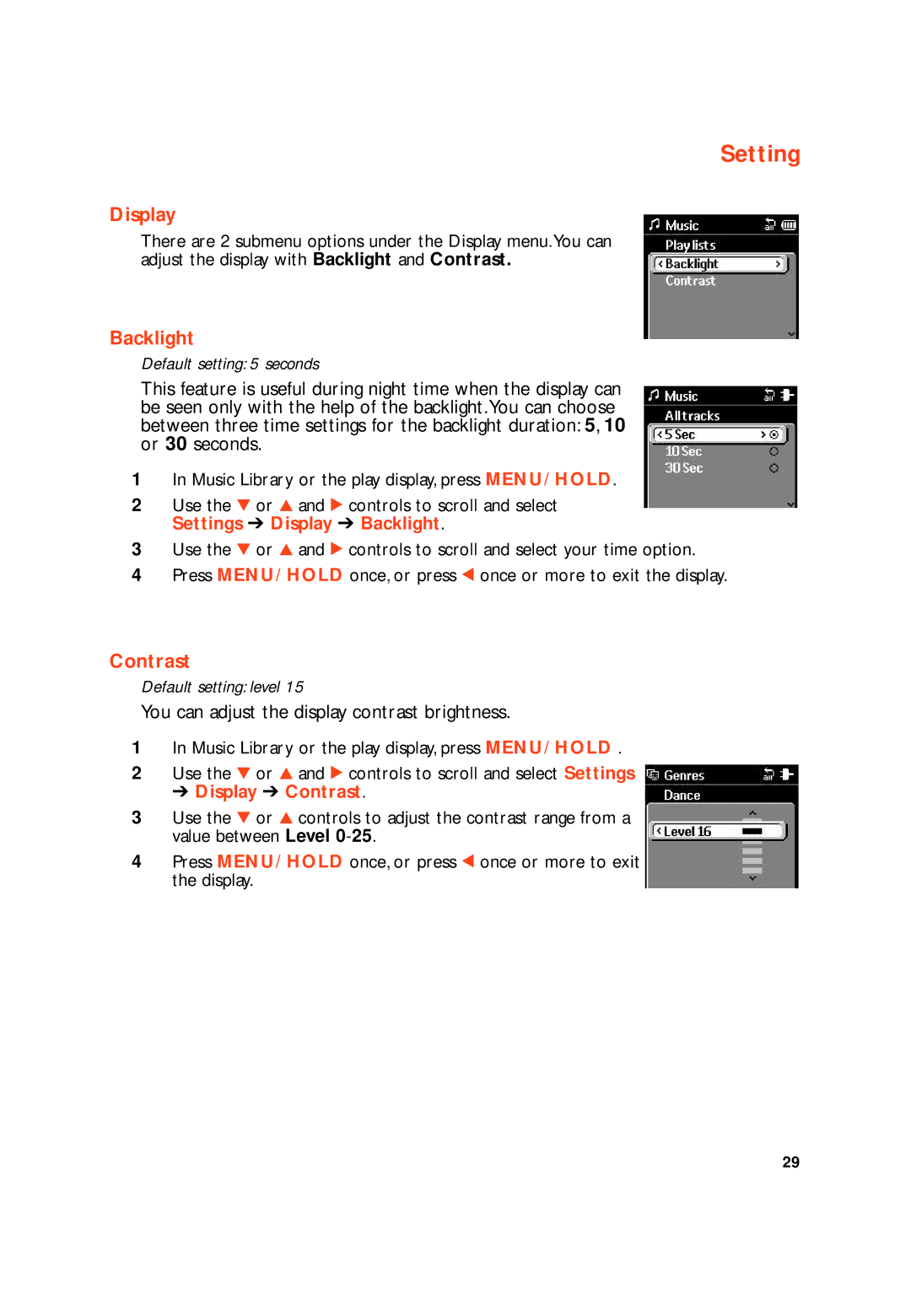 Philips HDD100 user manual Backlight, Display Contrast 