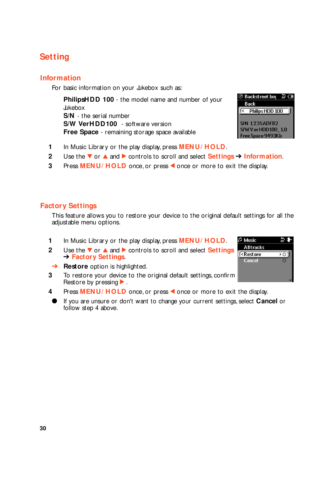 Philips HDD100 user manual Information, Factory Settings 