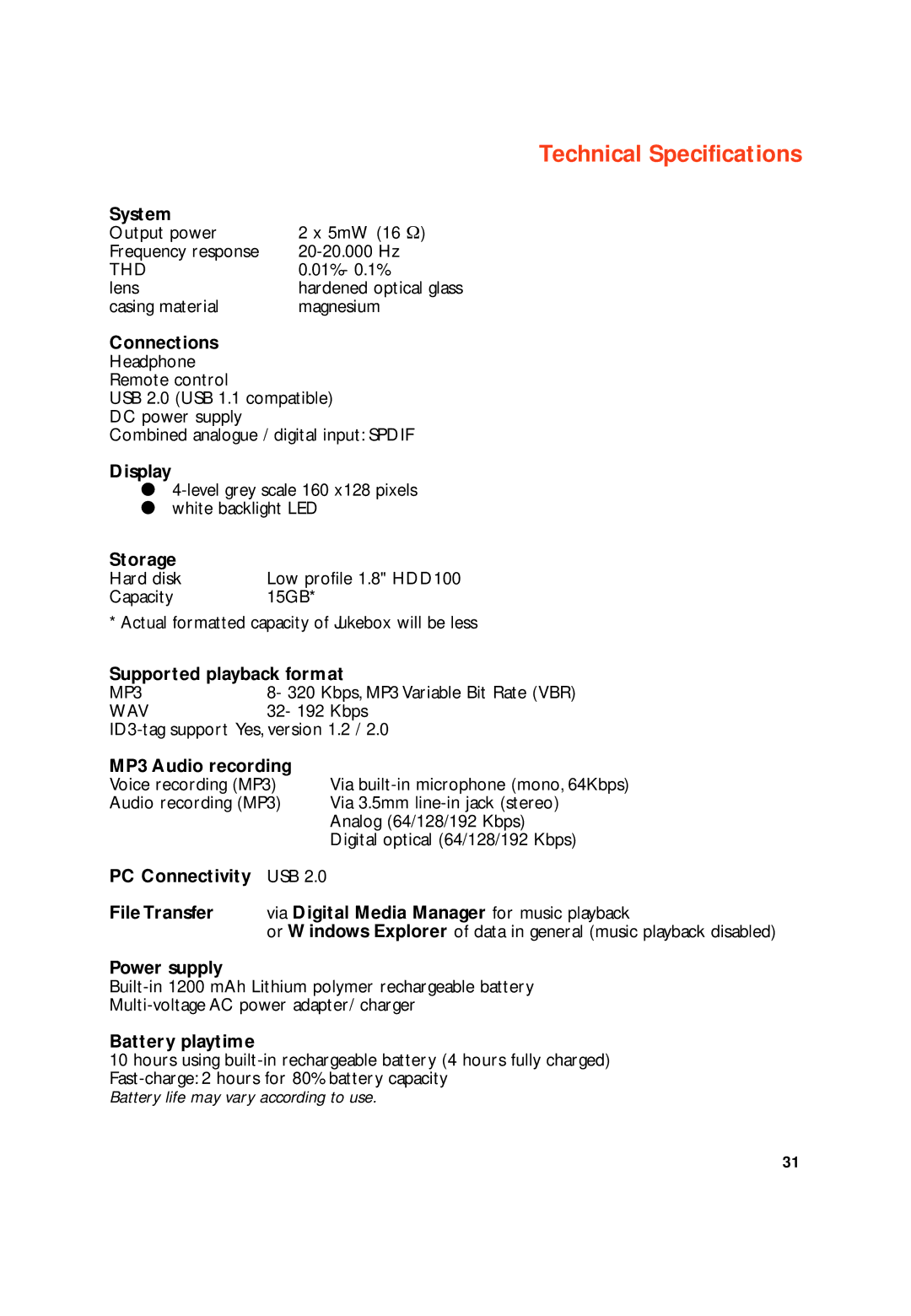 Philips HDD100 user manual Technical Specifications 