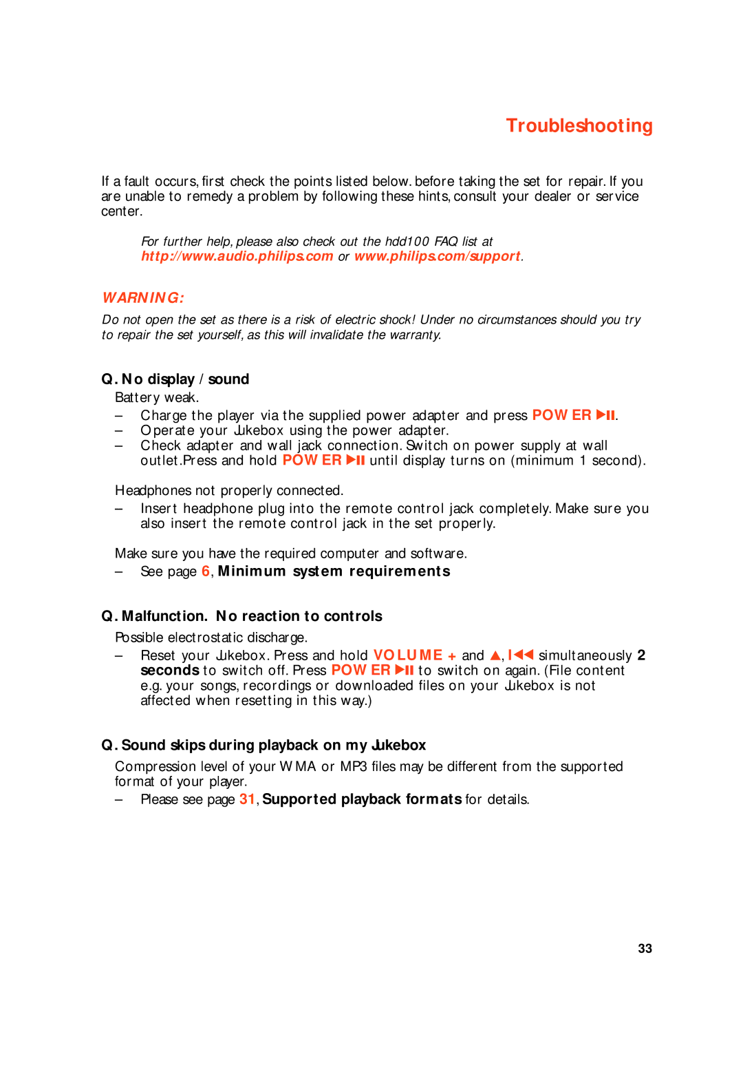 Philips HDD100 user manual Troubleshooting, No display / sound, Sound skips during playback on my Jukebox 