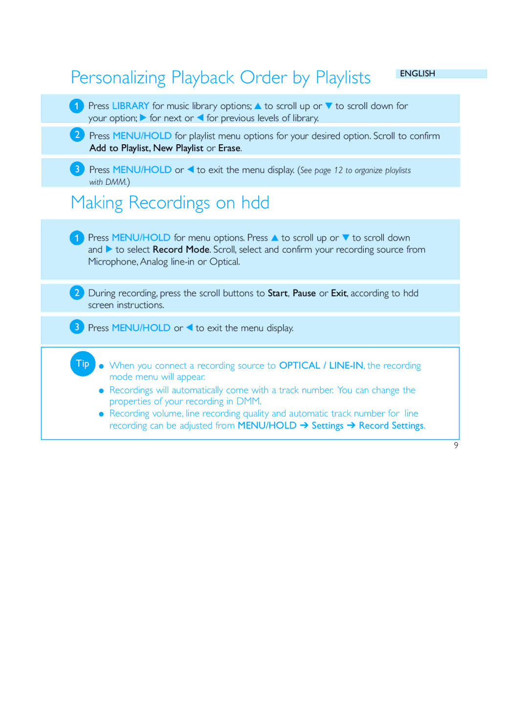 Philips HDD120 user manual Making Recordings on hdd, Tip 