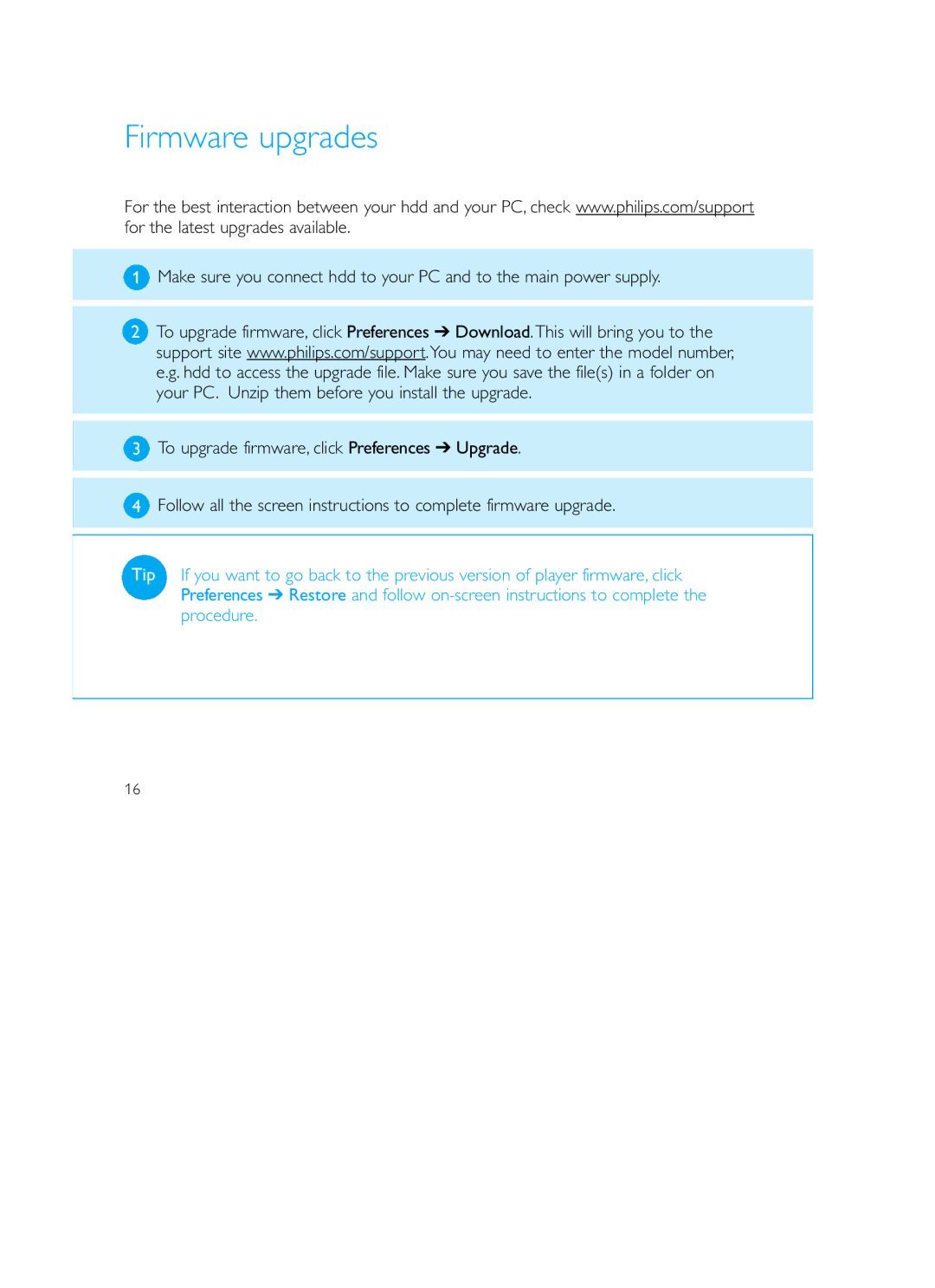 Philips HDD120 user manual Firmware upgrades 