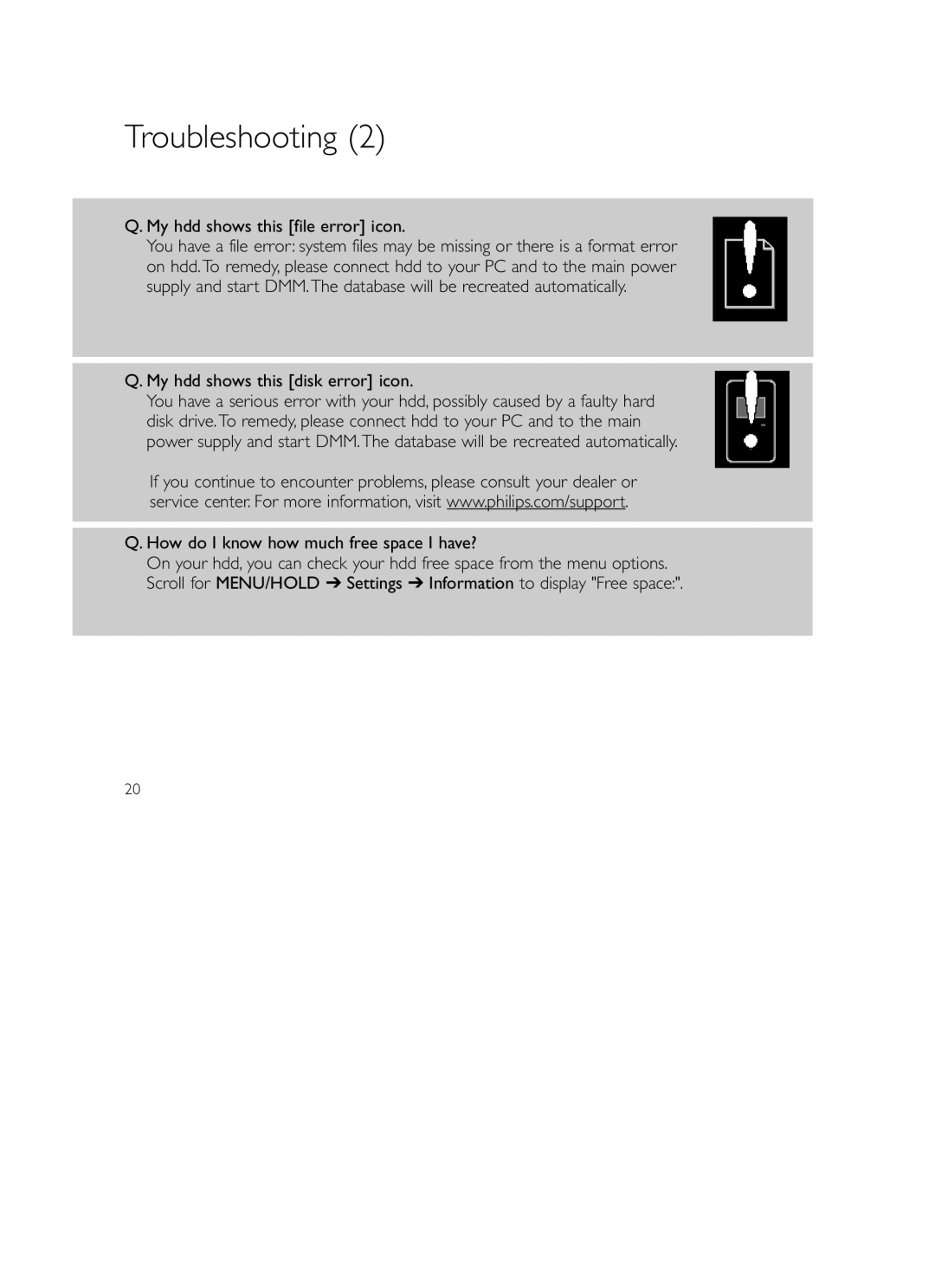 Philips HDD120 user manual My hdd shows this file error icon, My hdd shows this disk error icon 