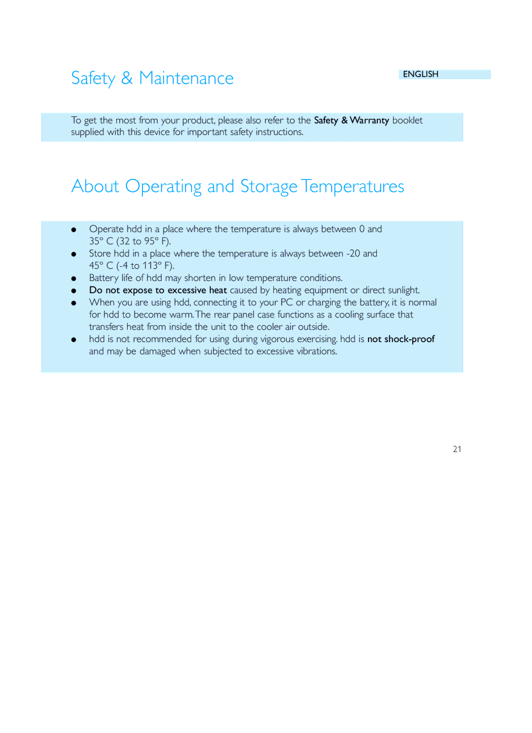 Philips HDD120 user manual Safety & Maintenance, About Operating and Storage Temperatures 