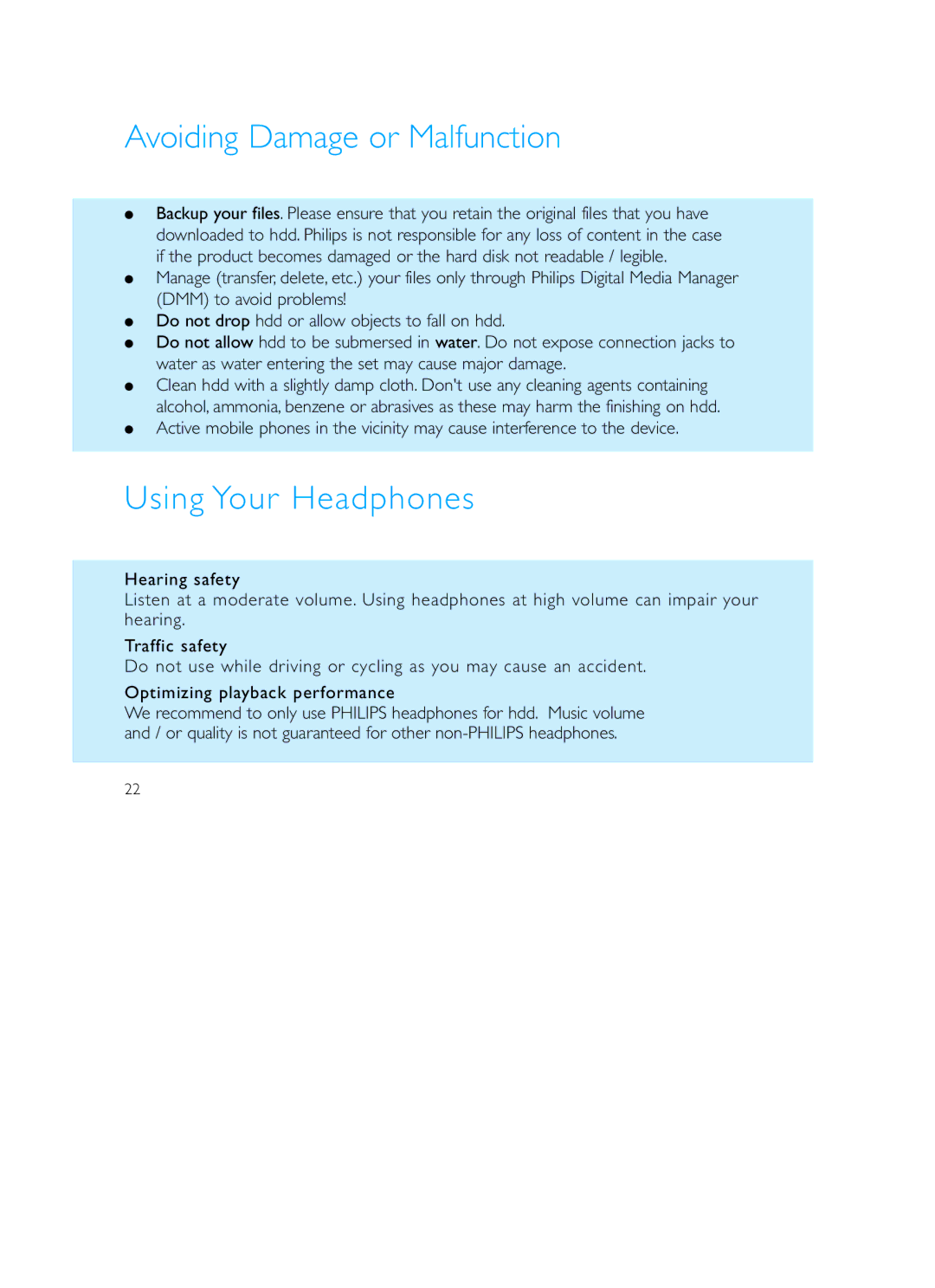 Philips HDD120 user manual Avoiding Damage or Malfunction, Using Your Headphones 