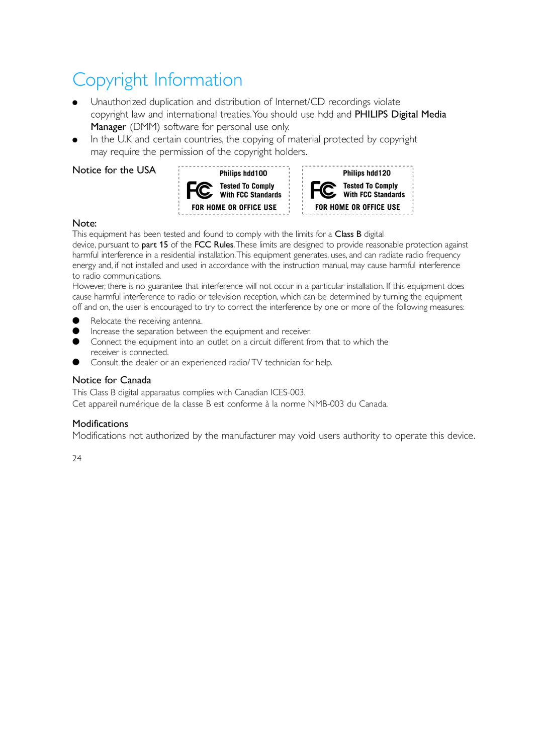 Philips HDD120 user manual Copyright Information, Modifications 