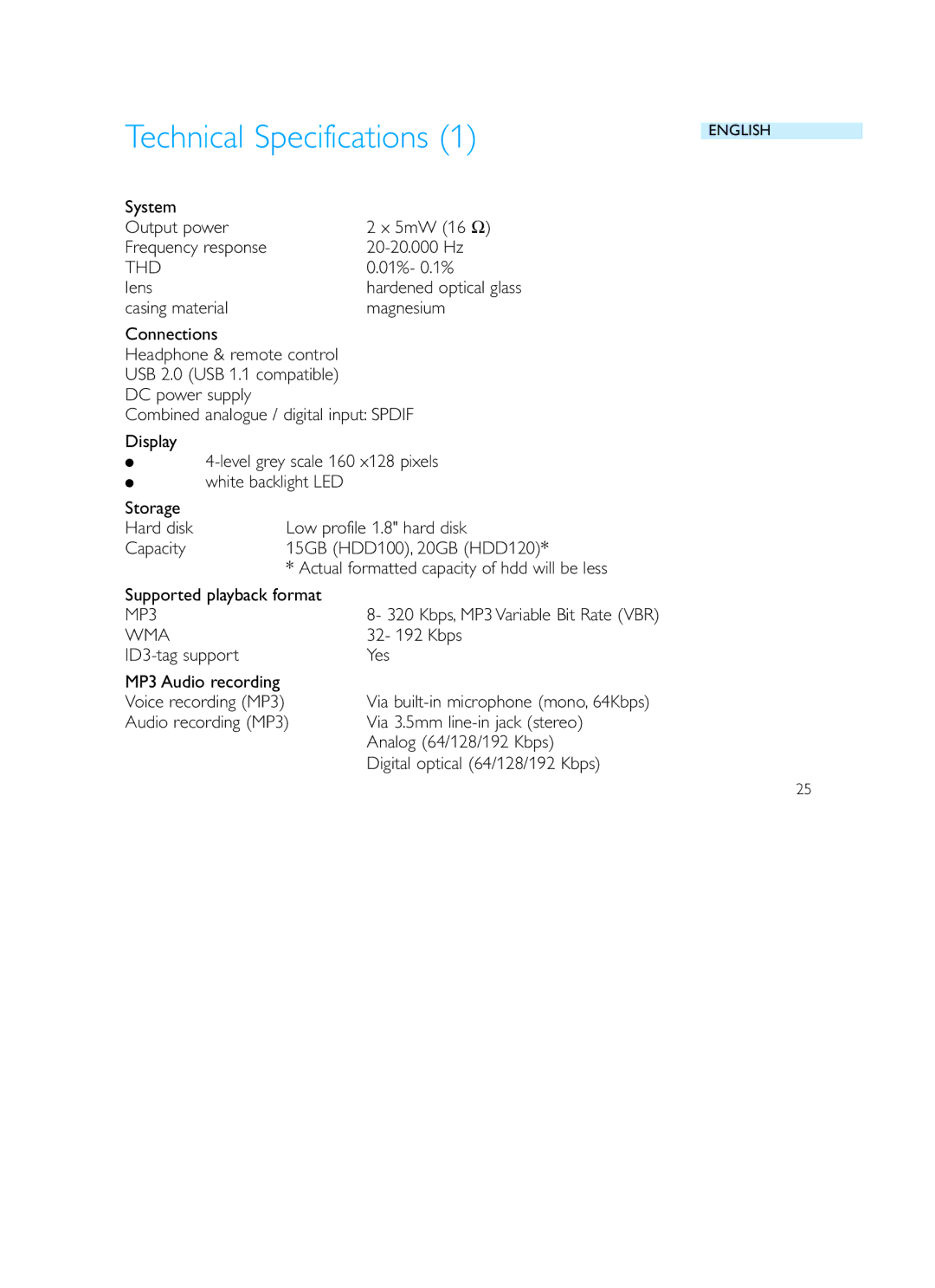 Philips HDD120 user manual Technical Specifications 