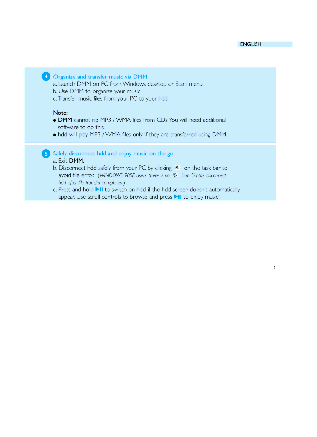 Philips HDD120 user manual Organize and transfer music via DMM, Safely disconnect hdd and enjoy music on the go 