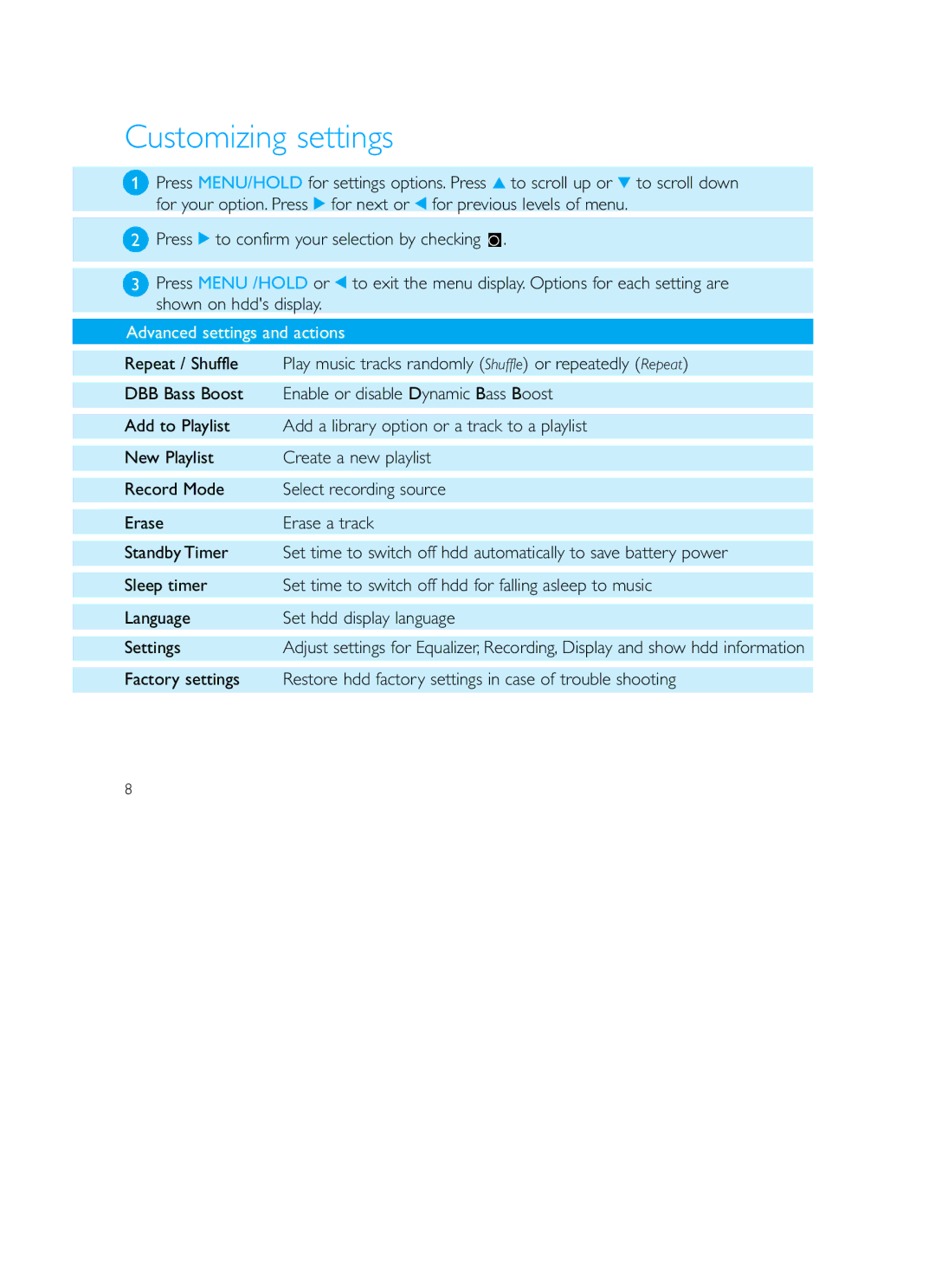 Philips HDD120 user manual Customizing settings, Advanced settings and actions 