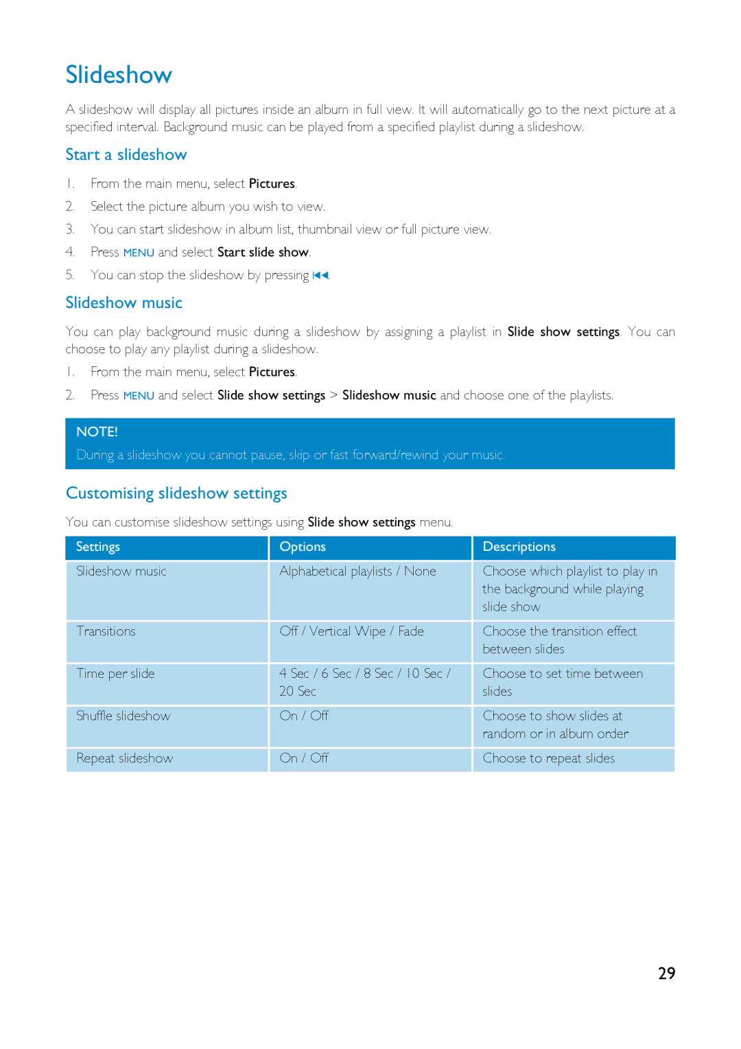 Philips HDD1835, HDD1630, HDD1830, HDD1820, HDD1635 Start a slideshow, Slideshow music, Customising slideshow settings 