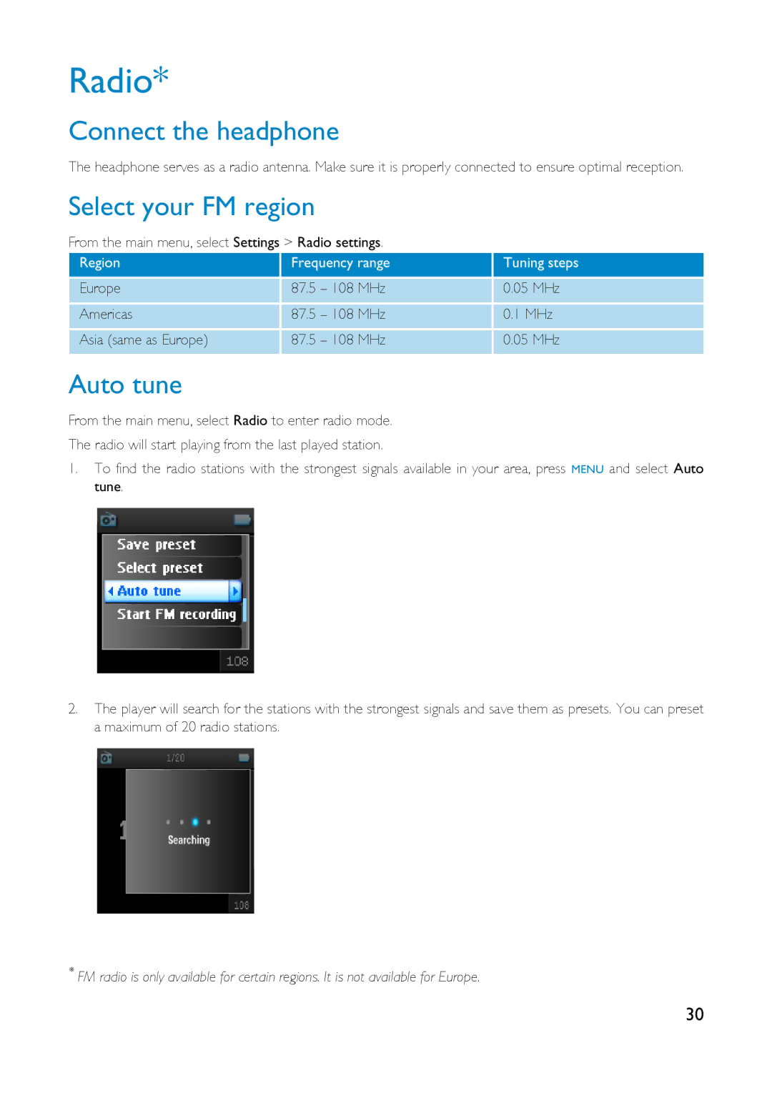 Philips HDD1820, HDD1630, HDD1830, HDD1835, HDD1635, HDD1620 Radio, Connect the headphone, Select your FM region, Auto tune 