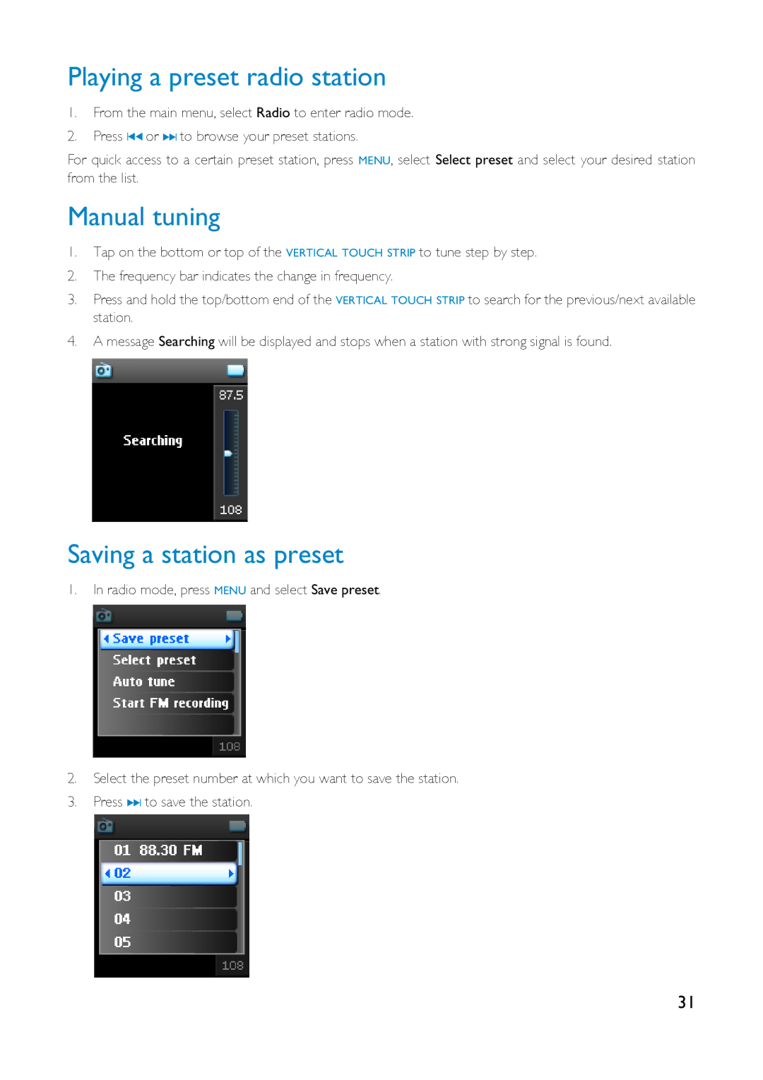 Philips HDD1635, HDD1630, HDD1830, HDD1835, HDD1820 Playing a preset radio station, Manual tuning, Saving a station as preset 