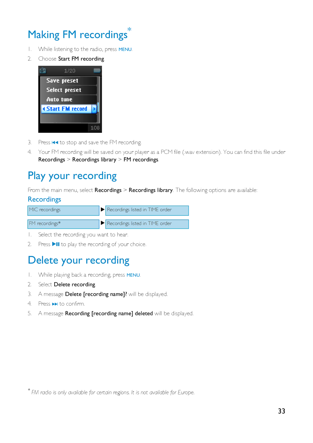 Philips HDD1420, HDD1630, HDD1830, HDD1835 Making FM recordings, Play your recording, Delete your recording, Recordings 