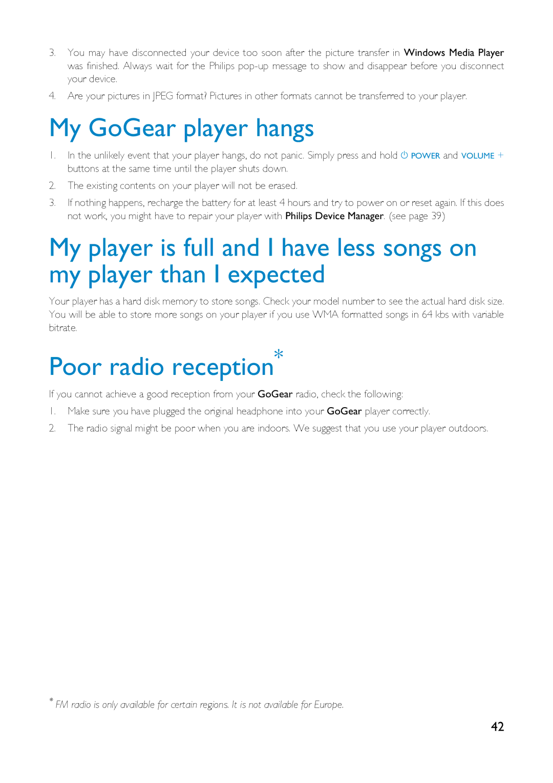 Philips HDD1430, HDD1630, HDD1830, HDD1835, HDD1820, HDD1635, HDD1620, HDD1420 My GoGear player hangs, Poor radio reception 