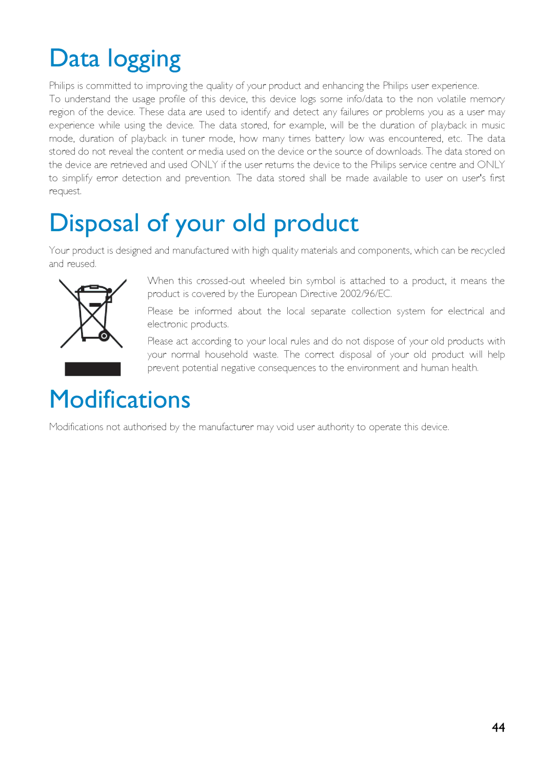 Philips HDD1830, HDD1630, HDD1835, HDD1820, HDD1635, HDD1620, HDD1420 Data logging, Disposal of your old product, Modifications 