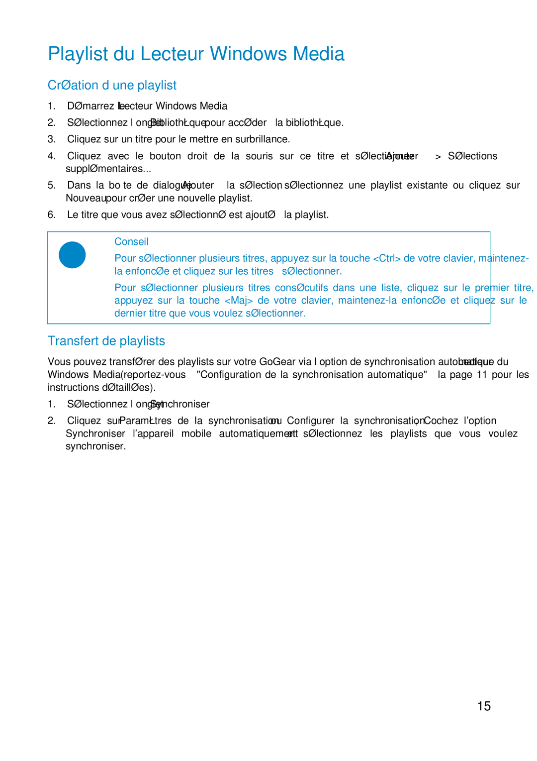 Philips HDD1630, HDD1830 user manual Playlist du Lecteur Windows Media, Création d’une playlist, Transfert de playlists 