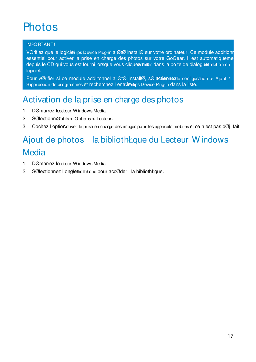 Philips HDD1630, HDD1830 user manual Photos, Activation de la prise en charge des photos 