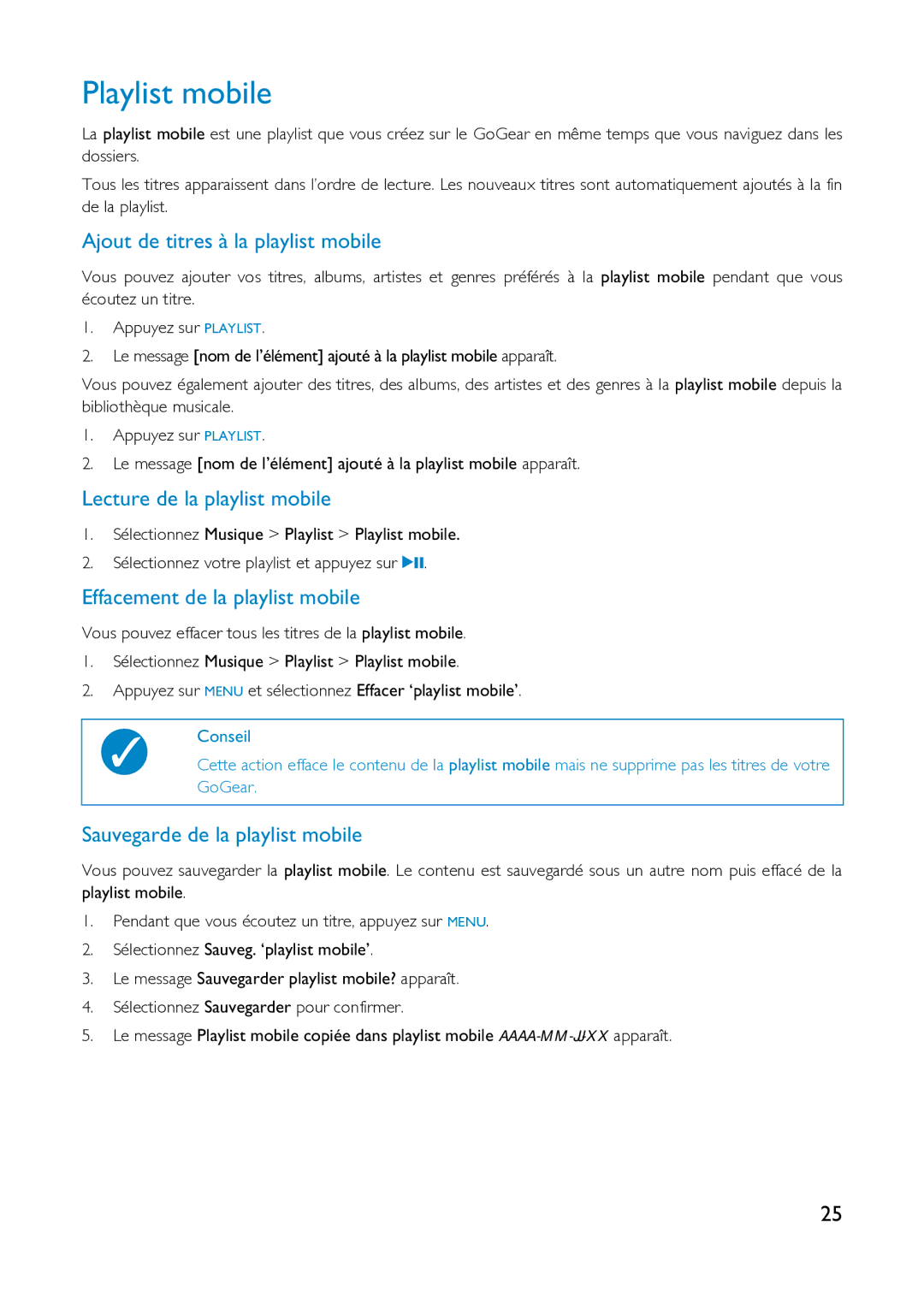 Philips HDD1630, HDD1830 user manual Playlist mobile, Ajout de titres à la playlist mobile, Lecture de la playlist mobile 