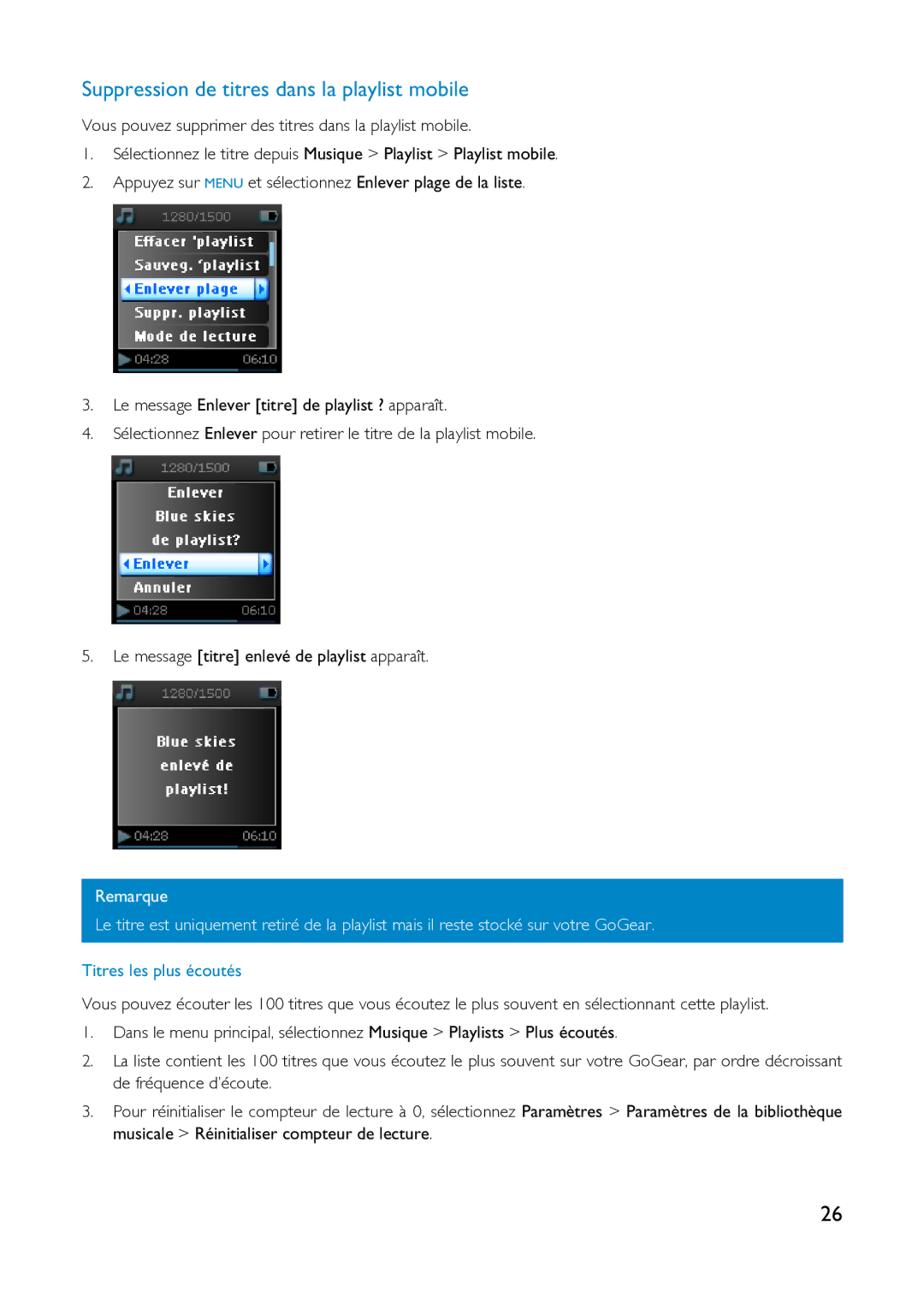 Philips HDD1830, HDD1630 user manual Suppression de titres dans la playlist mobile, Titres les plus écoutés 