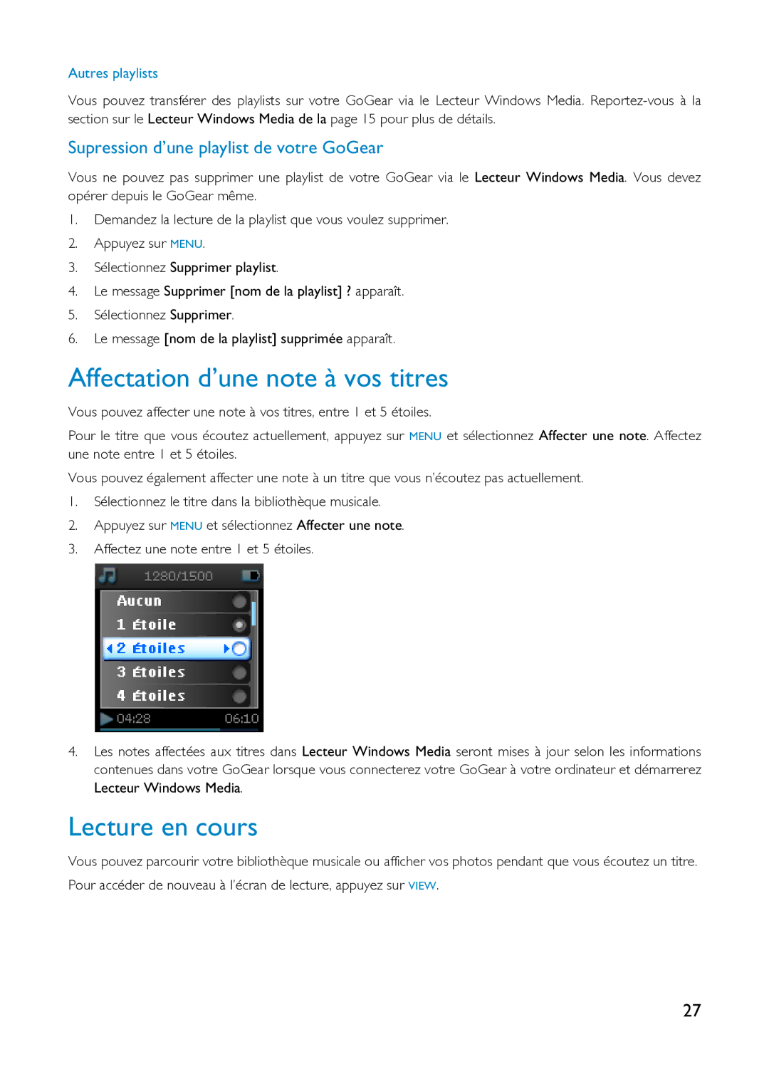 Philips HDD1630, HDD1830 Affectation d’une note à vos titres, Lecture en cours, Supression d’une playlist de votre GoGear 