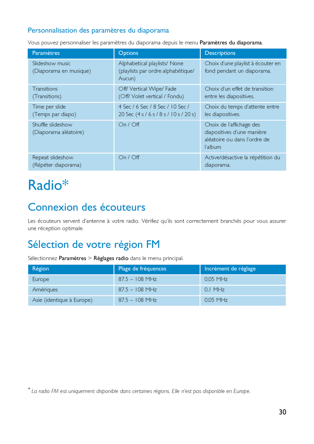 Philips HDD1830 Radio, Connexion des écouteurs, Sélection de votre région FM, Personnalisation des paramètres du diaporama 