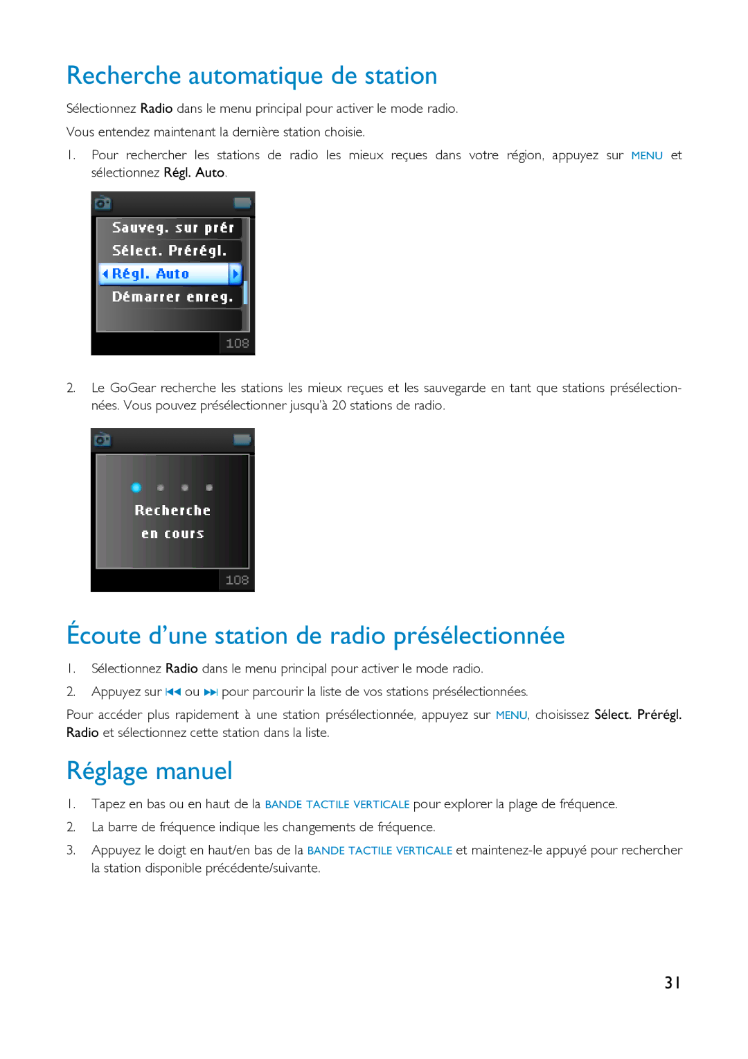 Philips HDD1630, HDD1830 Recherche automatique de station, Écoute d’une station de radio présélectionnée, Réglage manuel 