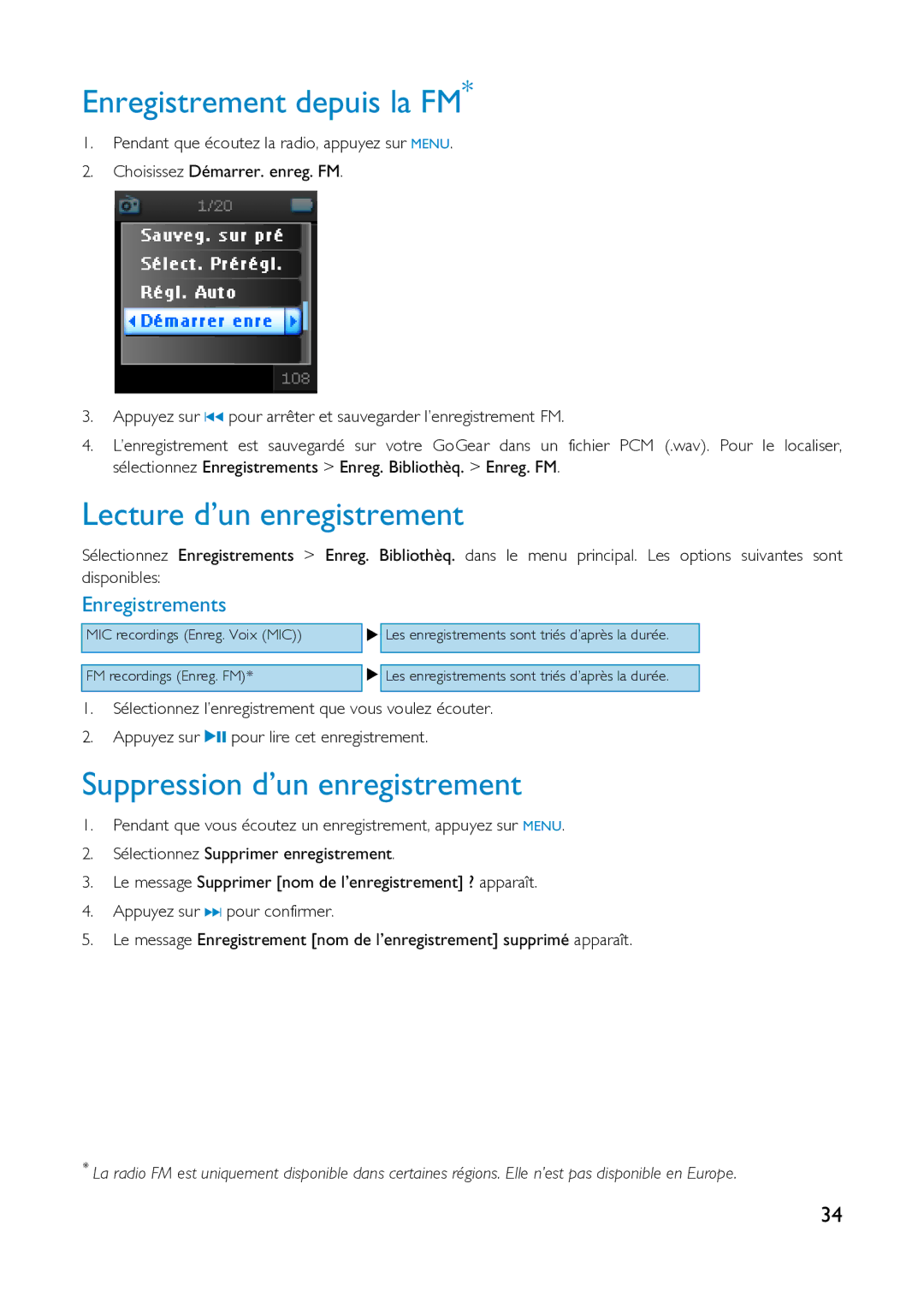 Philips HDD1830 Enregistrement depuis la FM, Lecture d’un enregistrement, Suppression d’un enregistrement, Enregistrements 