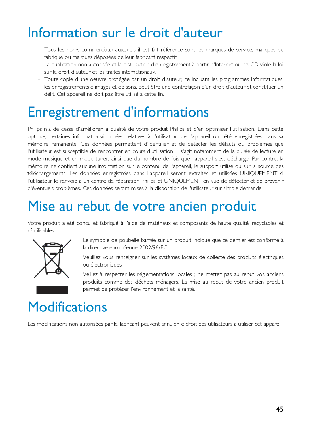 Philips HDD1630 Information sur le droit dauteur, Enregistrement dinformations, Mise au rebut de votre ancien produit 