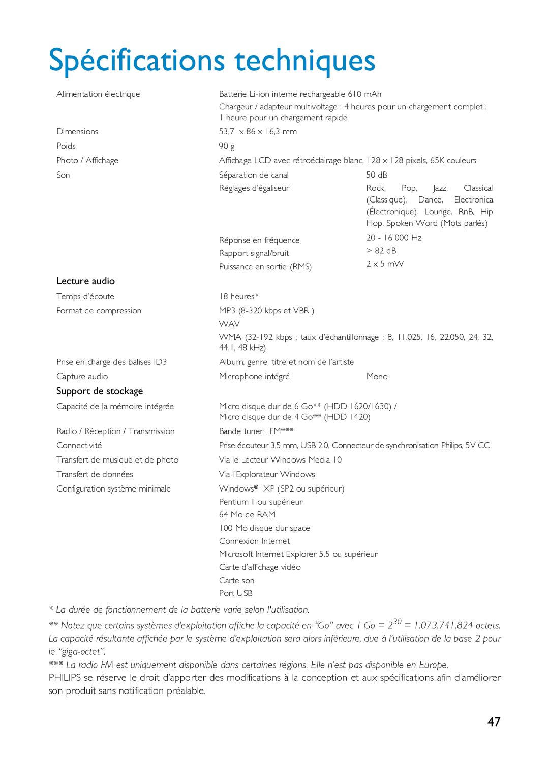 Philips HDD1630, HDD1830 user manual Spécifications techniques, Lecture audio 