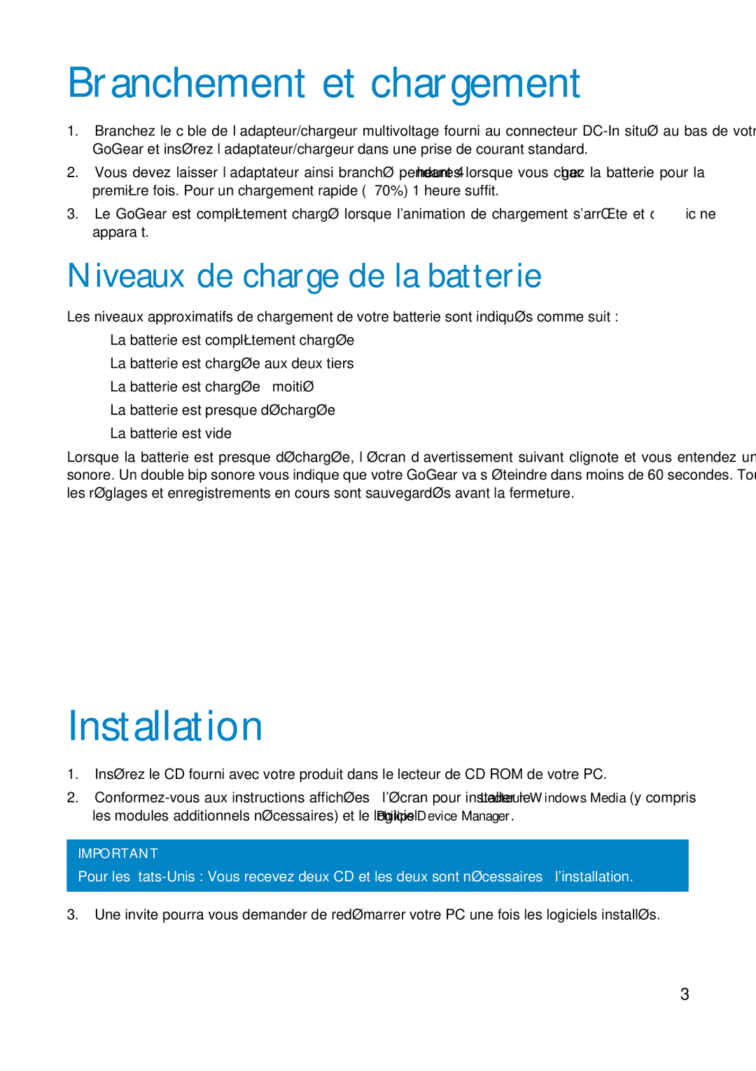 Philips HDD1630, HDD1830 user manual Branchement et chargement, Installation, Niveaux de charge de la batterie 