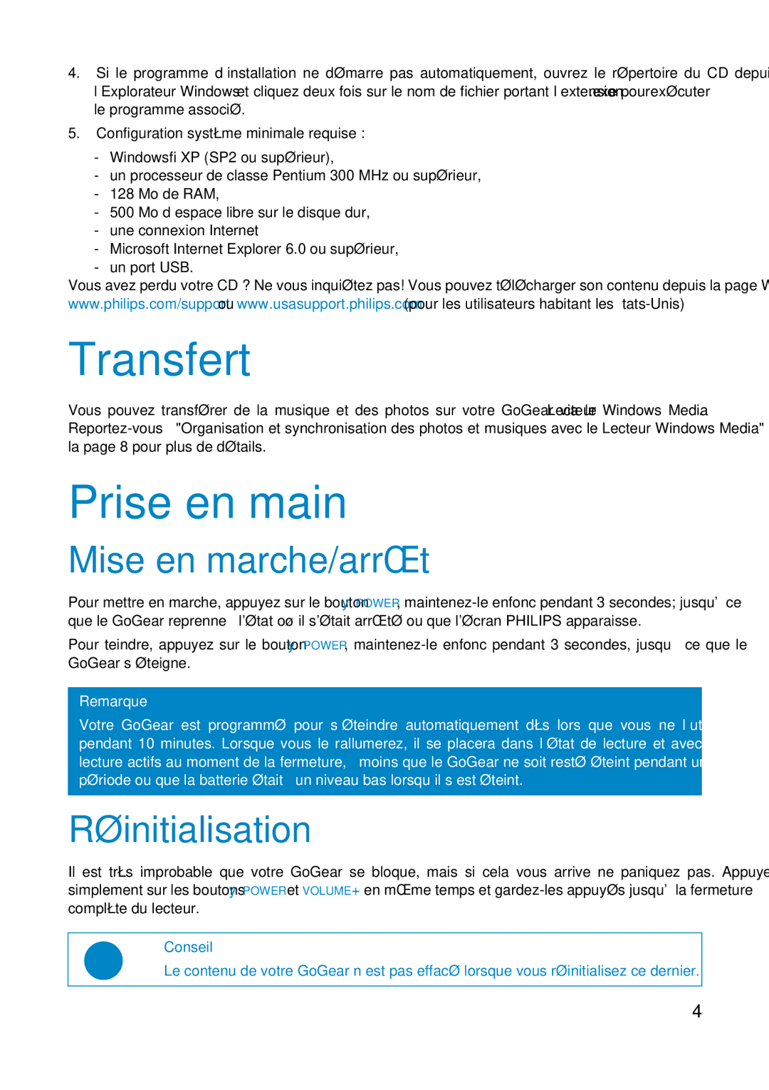 Philips HDD1830, HDD1630 user manual Transfert, Prise en main, Mise en marche/arrêt, Réinitialisation 