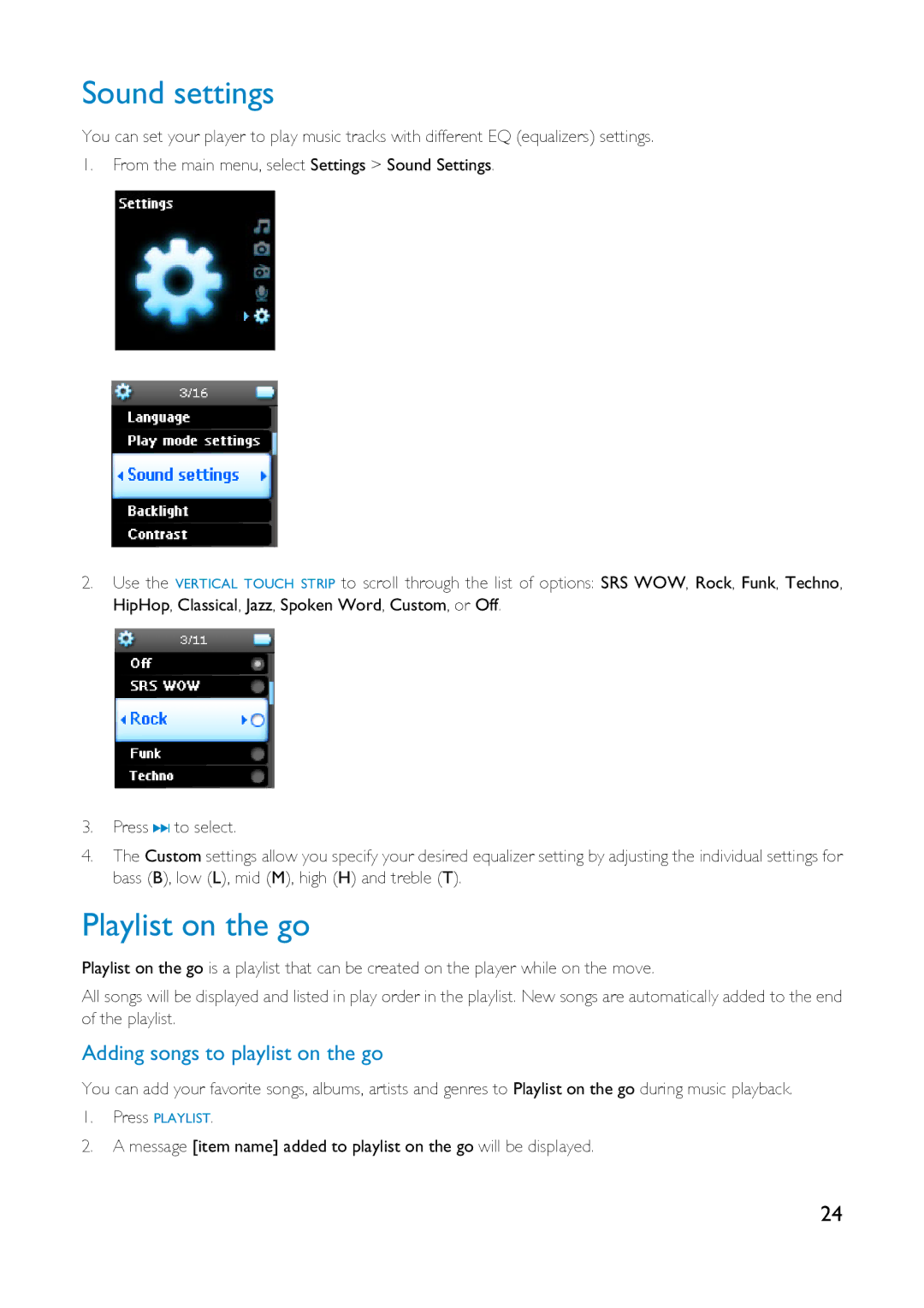 Philips HDD1835 user manual Sound settings, Playlist on the go, Adding songs to playlist on the go 