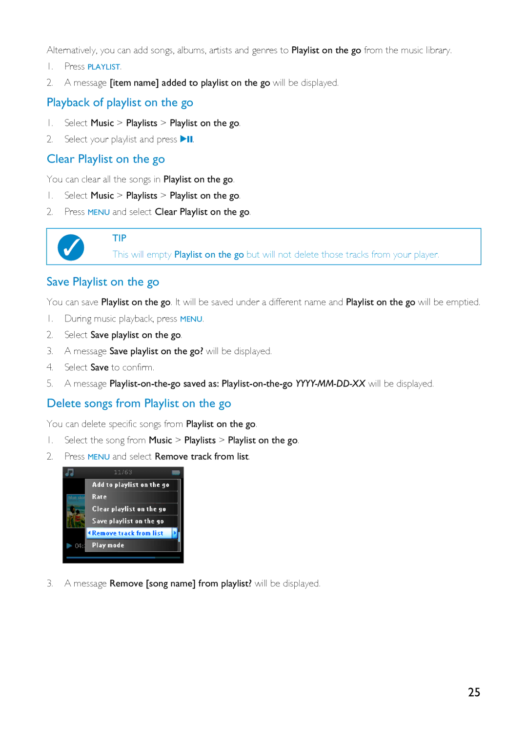 Philips HDD1835 user manual Playback of playlist on the go, Clear Playlist on the go, Save Playlist on the go 