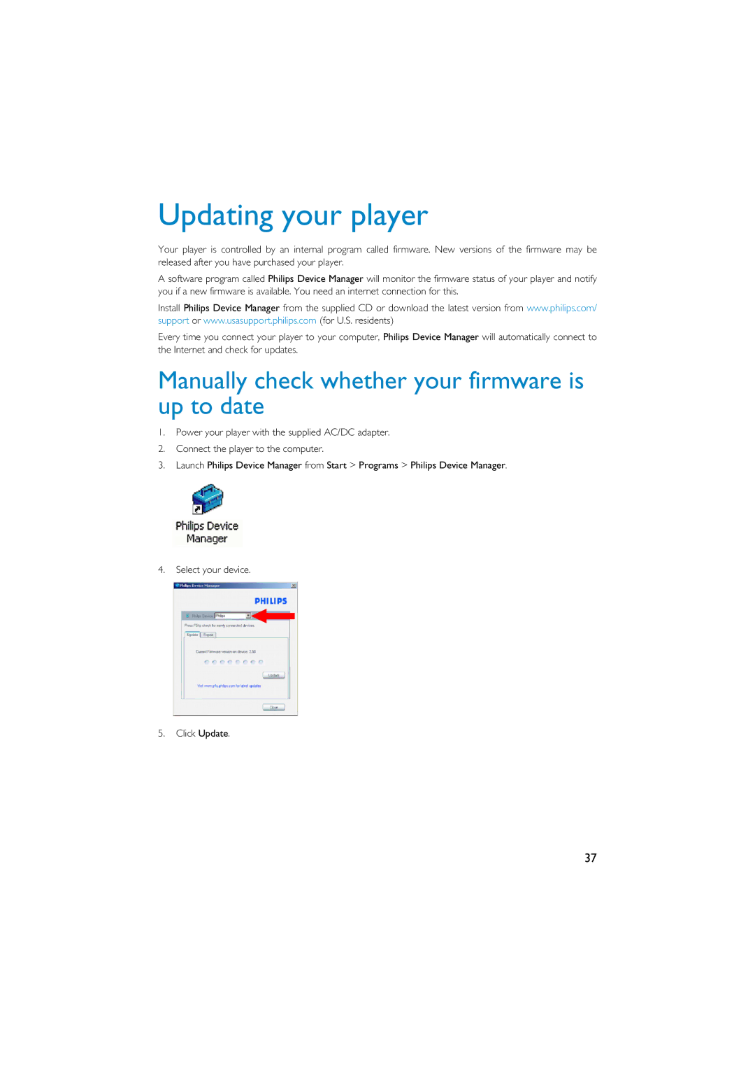 Philips HDD1835 user manual Updating your player, Manually check whether your firmware is up to date 