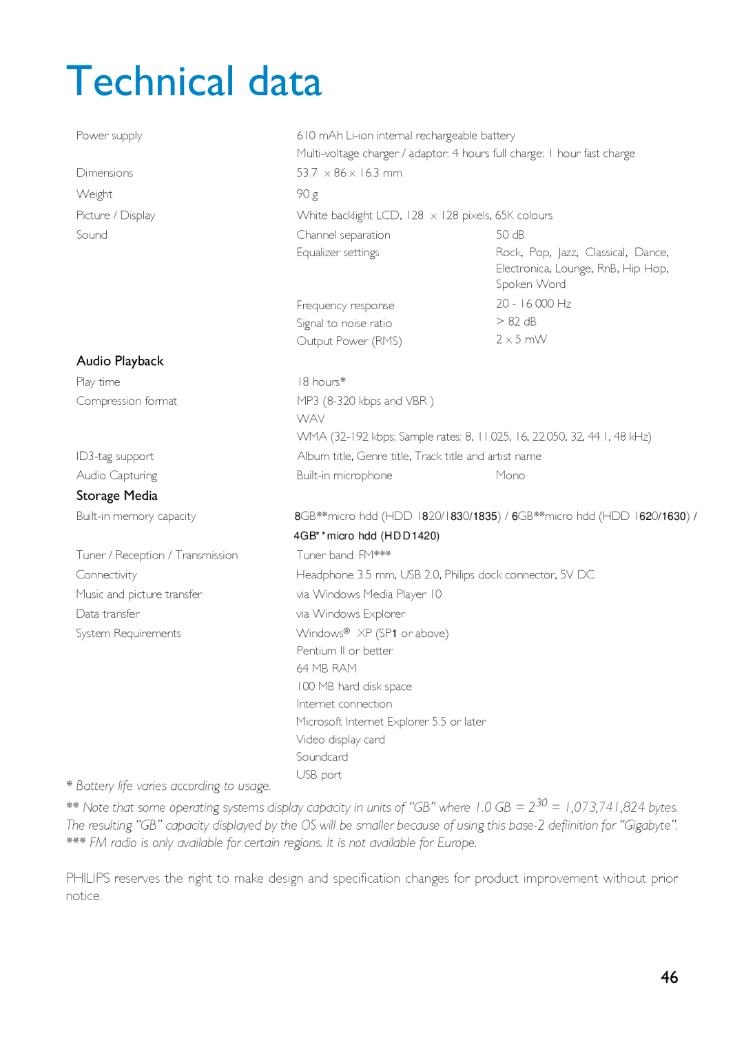 Philips HDD1835 user manual Technical data 