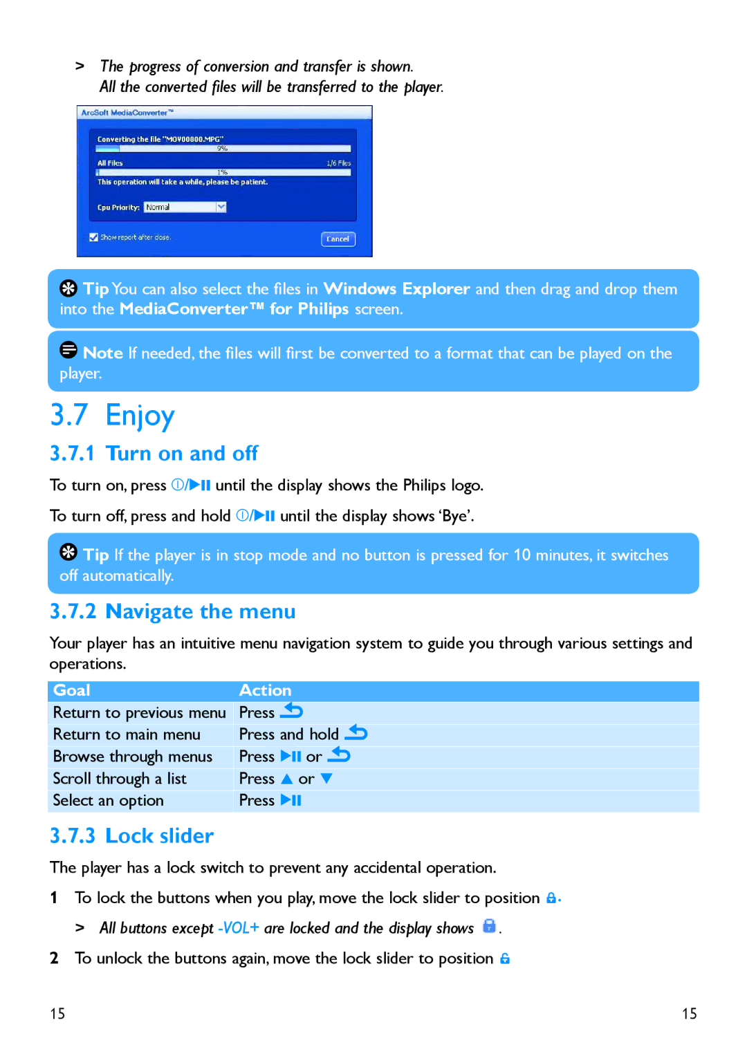 Philips HDD1835/37, SA60XX manual Enjoy, Turn on and off, Navigate the menu, Lock slider 