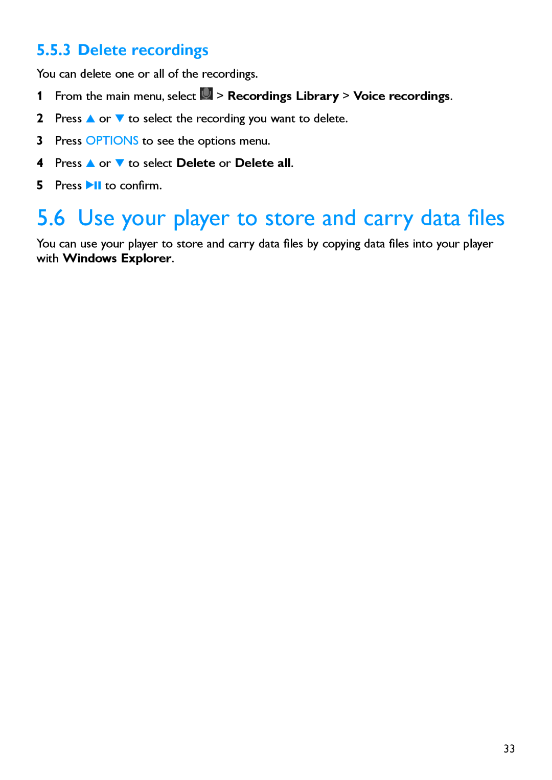 Philips HDD1835/37, SA60XX manual Use your player to store and carry data files, Delete recordings 