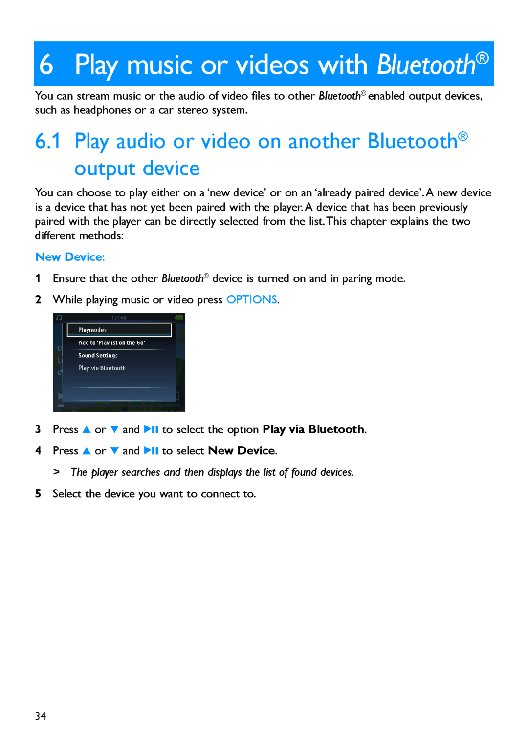 Philips SA60XX, HDD1835/37 manual Play audio or video on another Bluetooth output device, New Device 