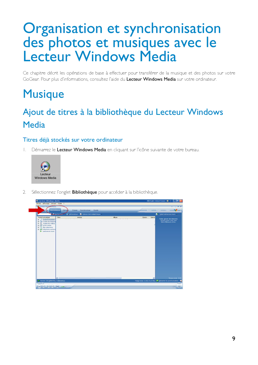 Philips HDD6320, HD6630, HDD6335 user manual Musique, Ajout de titres à la bibliothèque du Lecteur Windows Media 