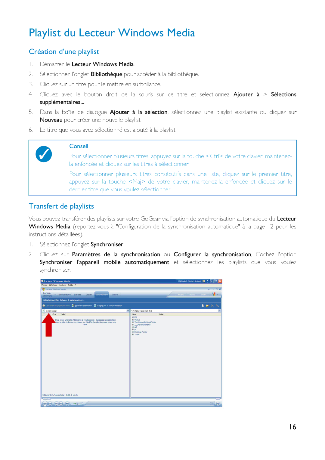 Philips HD6630, HDD6335 user manual Playlist du Lecteur Windows Media, Création d’une playlist, Transfert de playlists 