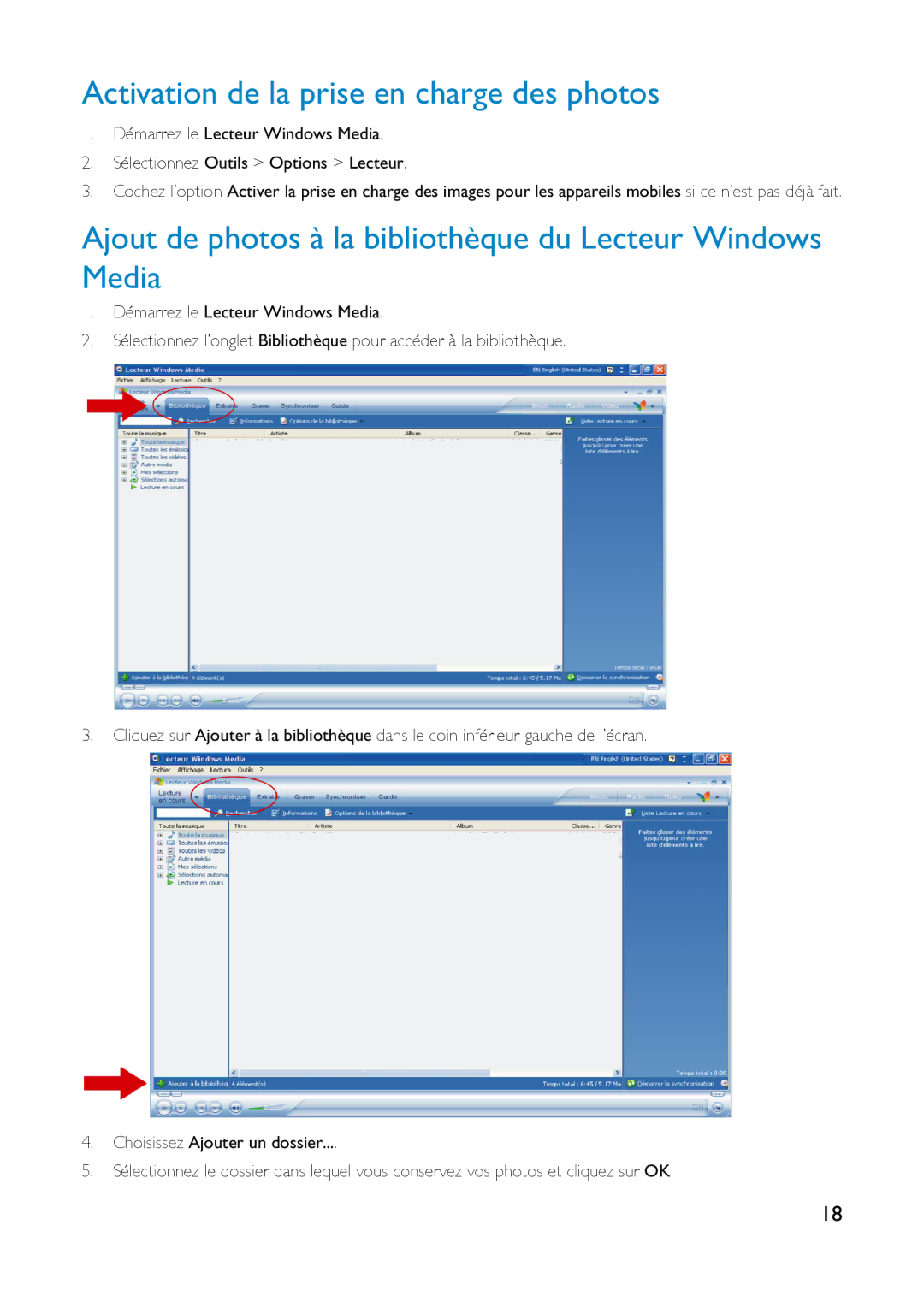 Philips HDD6335 Activation de la prise en charge des photos, Ajout de photos à la bibliothèque du Lecteur Windows Media 