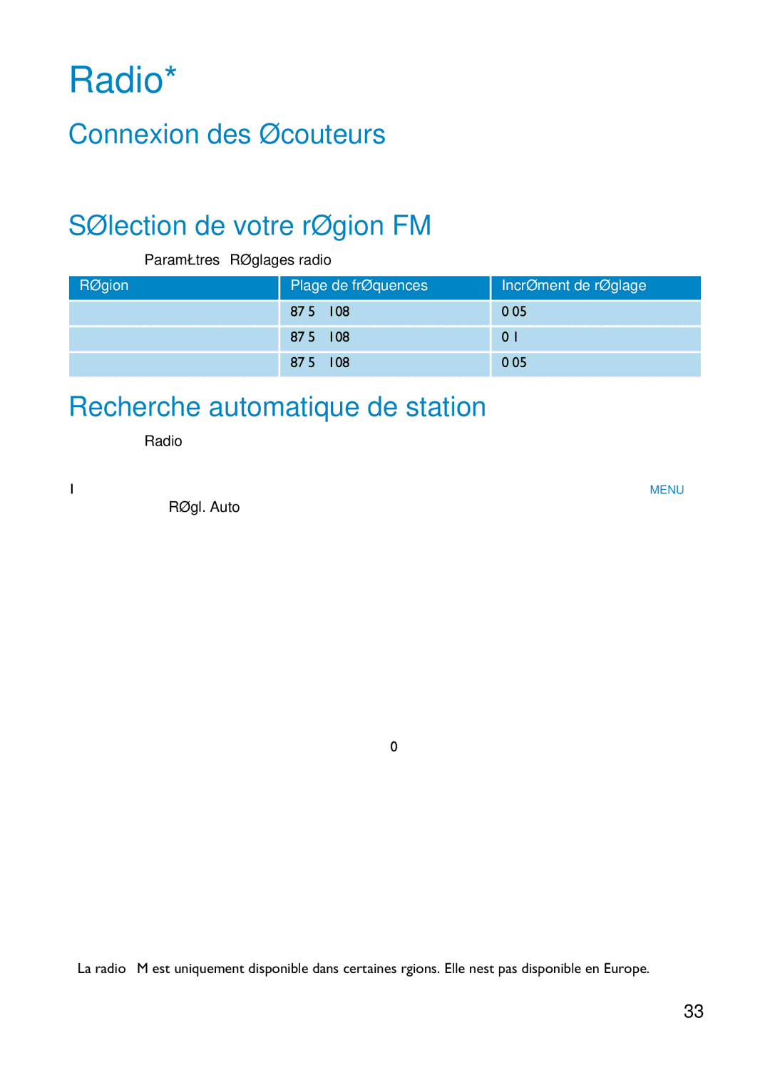 Philips HDD6335, HD6630 Radio, Connexion des écouteurs, Sélection de votre région FM, Recherche automatique de station 