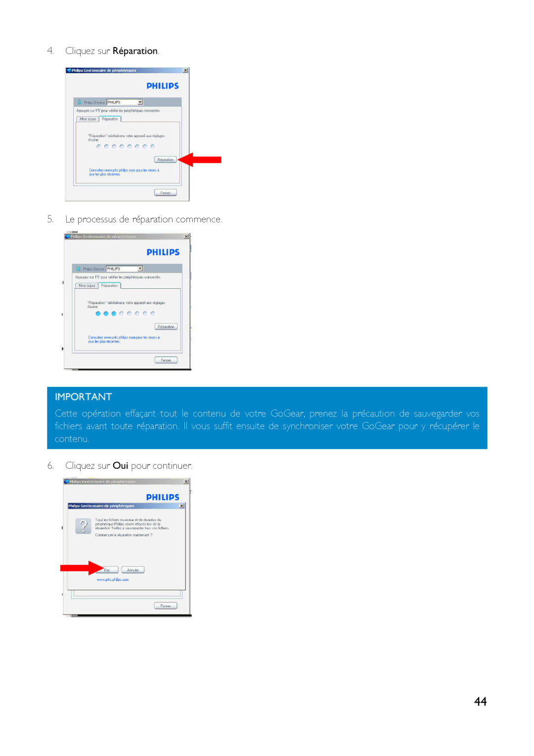 Philips HDD6320, HD6630, HDD6335 user manual Cliquez sur Réparation Le processus de réparation commence 