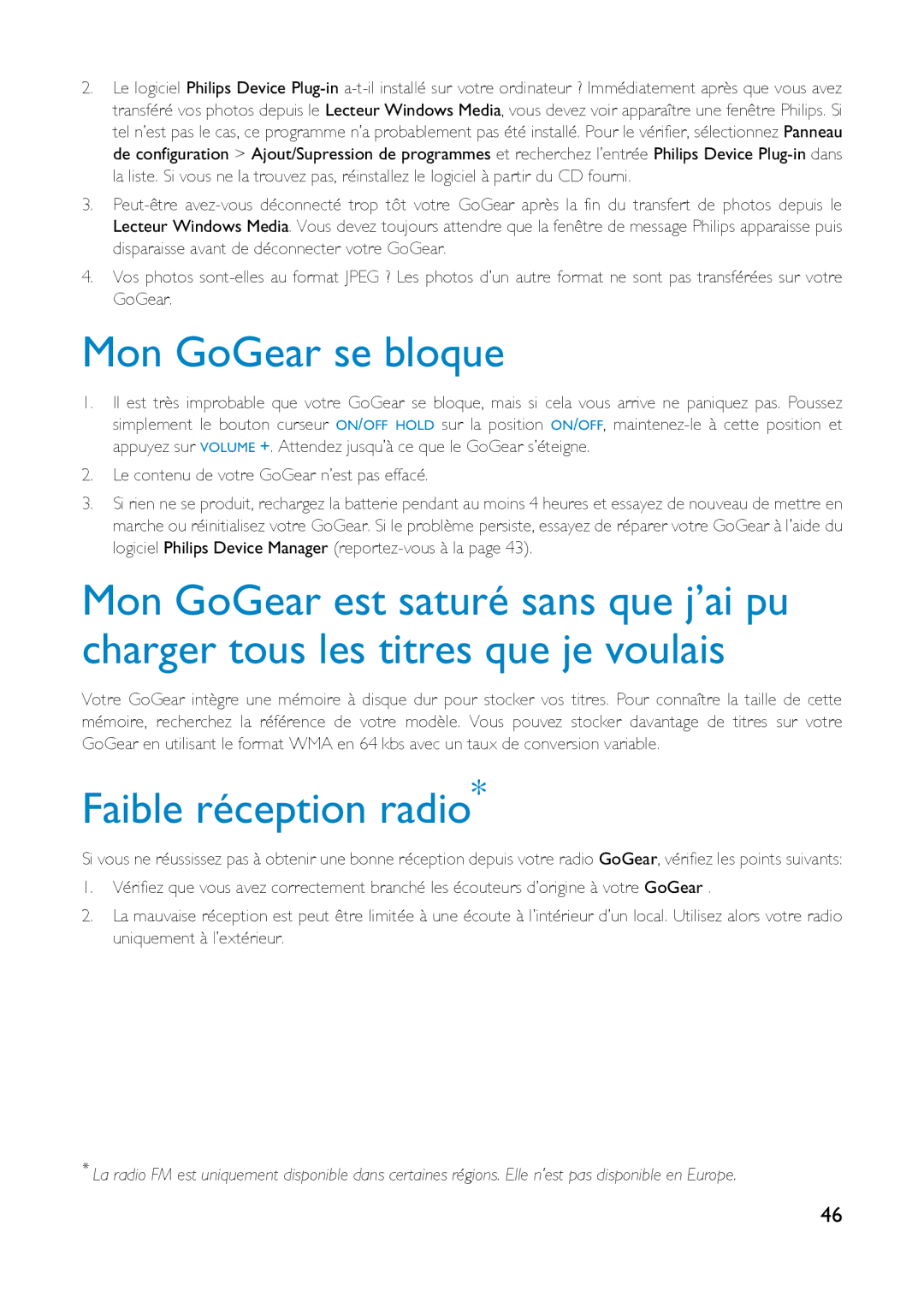 Philips HDD6320, HD6630, HDD6335 user manual Mon GoGear se bloque, Faible réception radio 