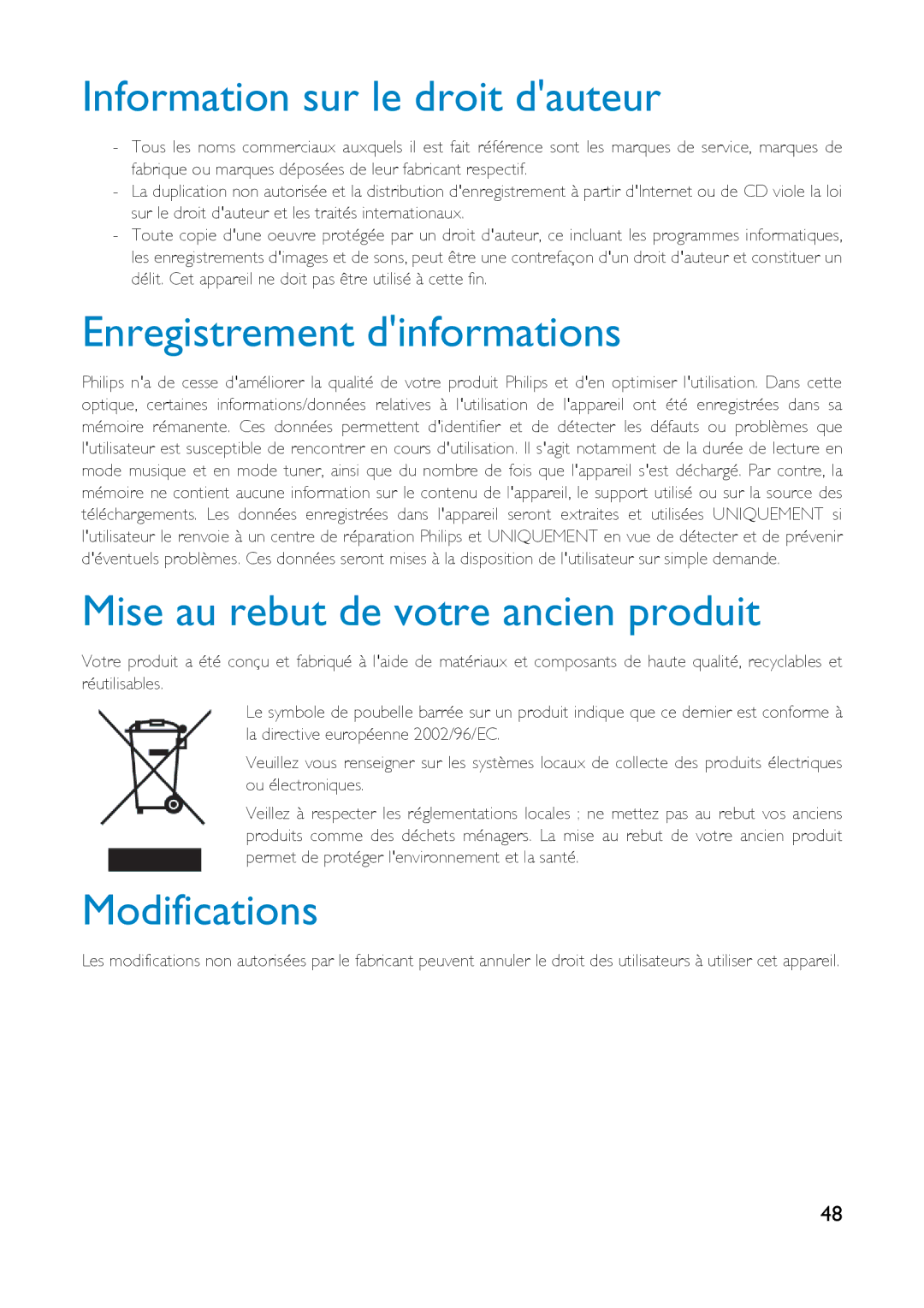 Philips HDD6335 Information sur le droit dauteur, Enregistrement dinformations, Mise au rebut de votre ancien produit 