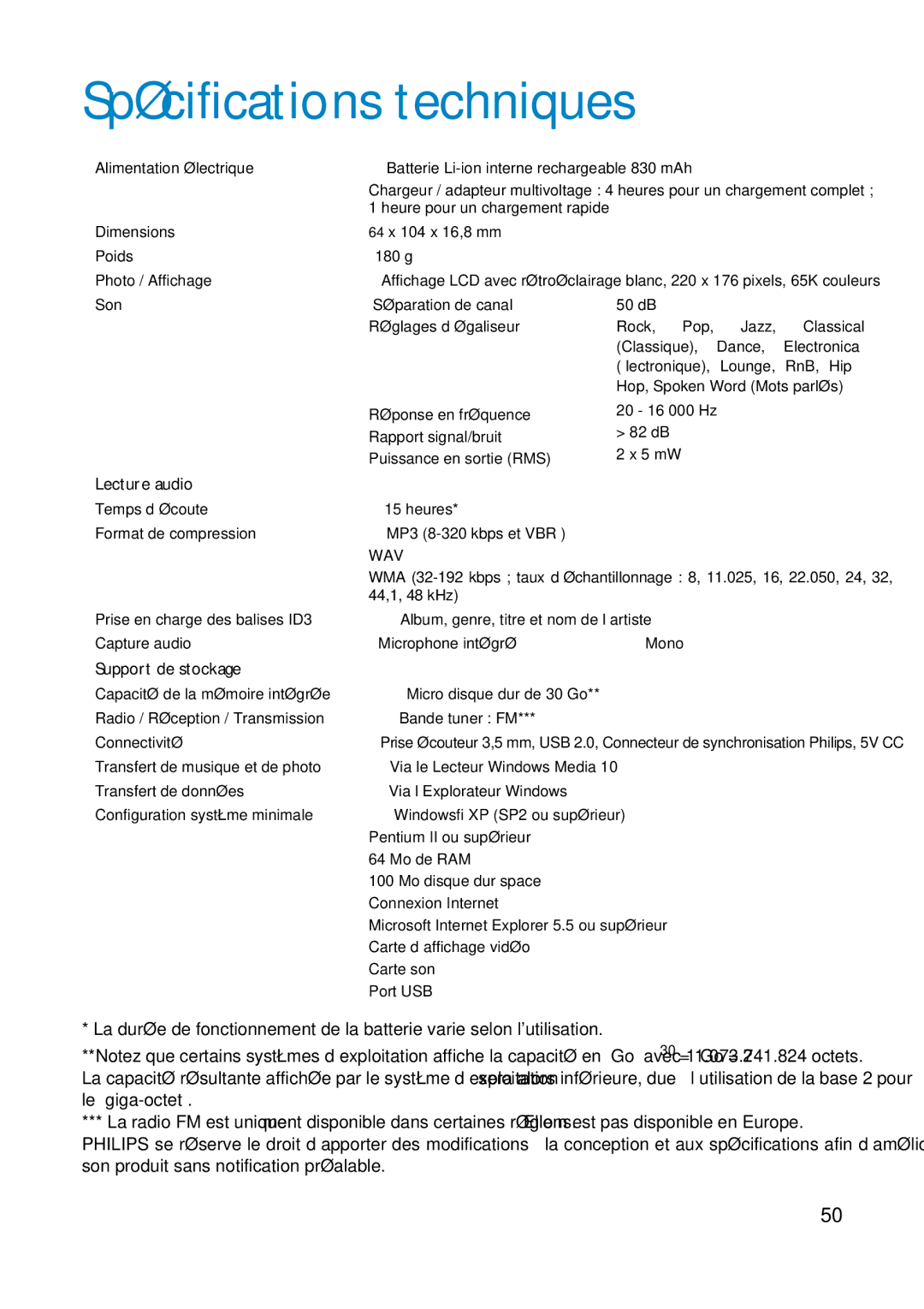 Philips HDD6320, HD6630, HDD6335 user manual Spécifications techniques, Support de stockage 